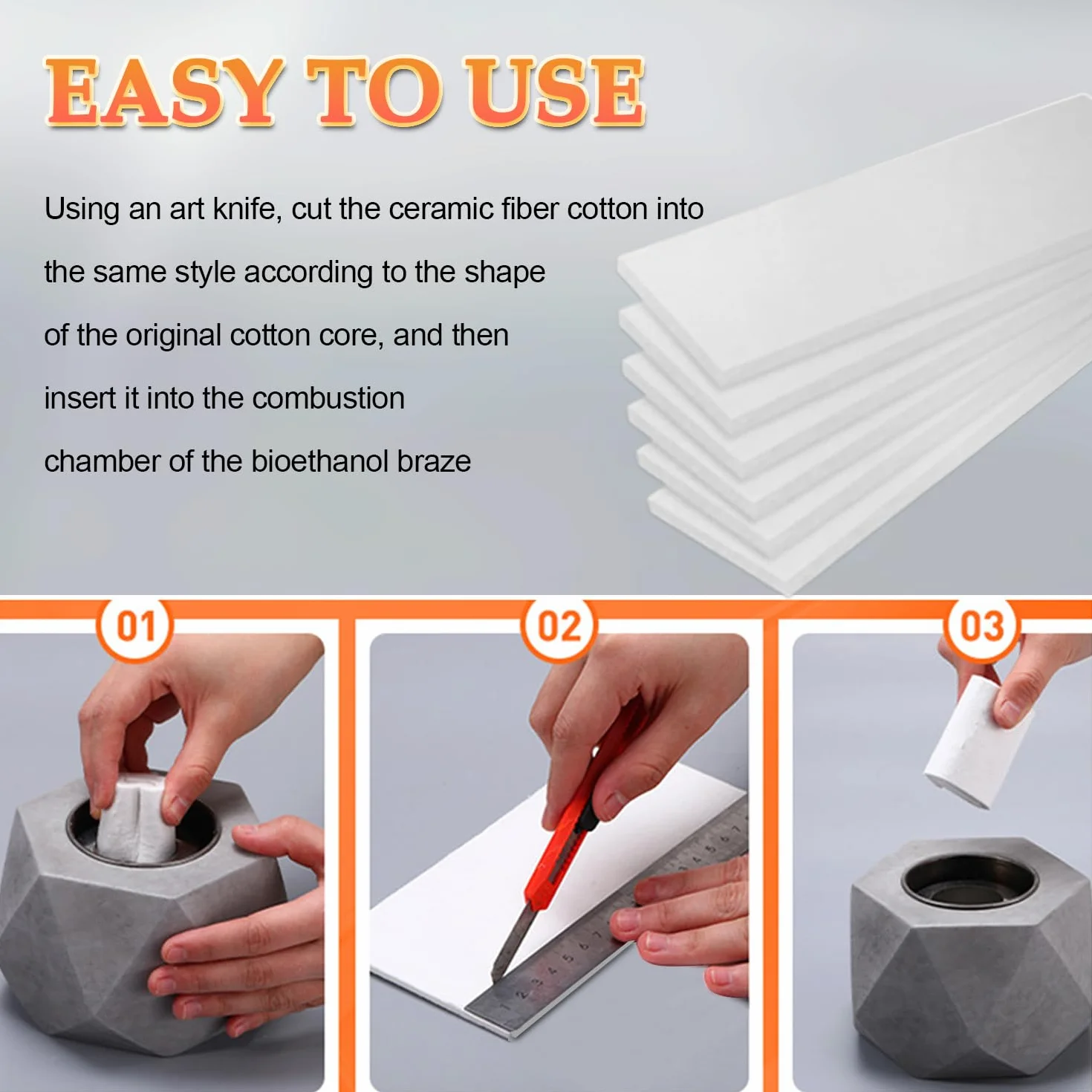 Lana de cerámica para bioetanol 300x100x10mm Esponja de chimenea 6 paquetes