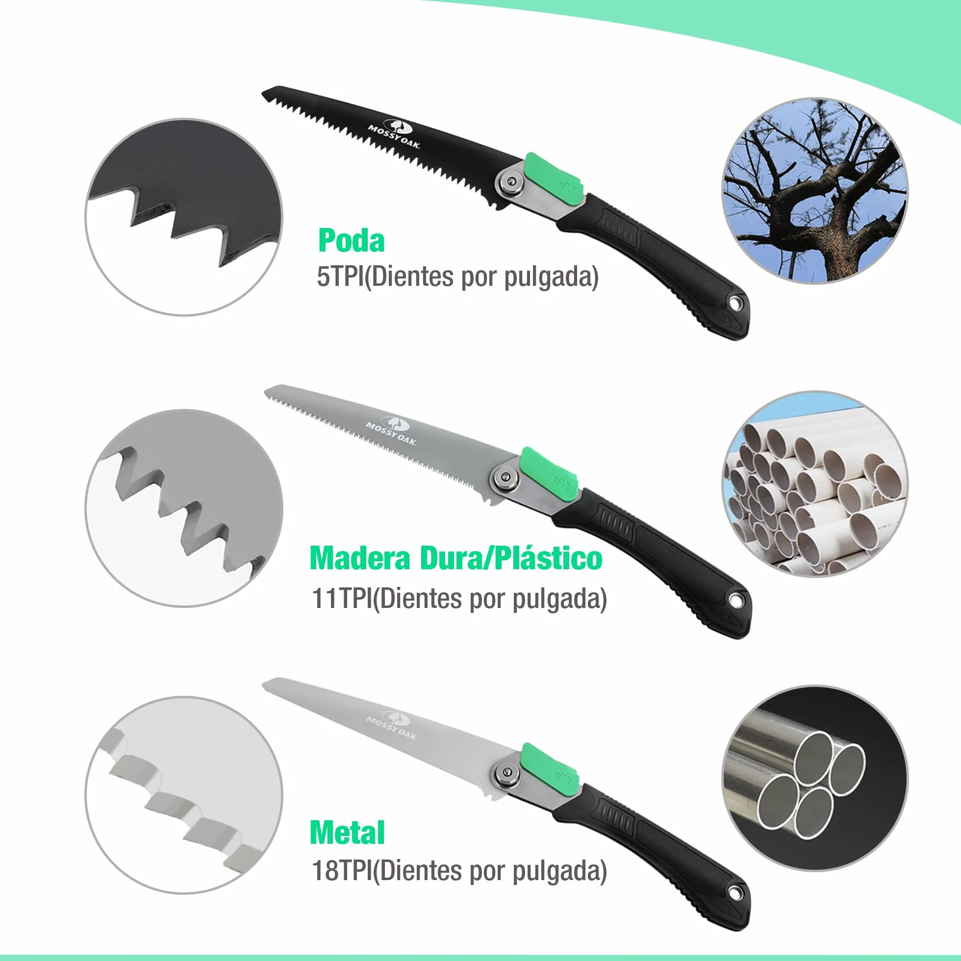 Mossy Oak Sierra de Podar 3 en 1, Sierra Plegable con Cuchillos de Madera, Métal y Plástico, Serrucho Plegable con Bolsa de Organizador, para Poda, Jardinería, Madera, Tubos, Metal