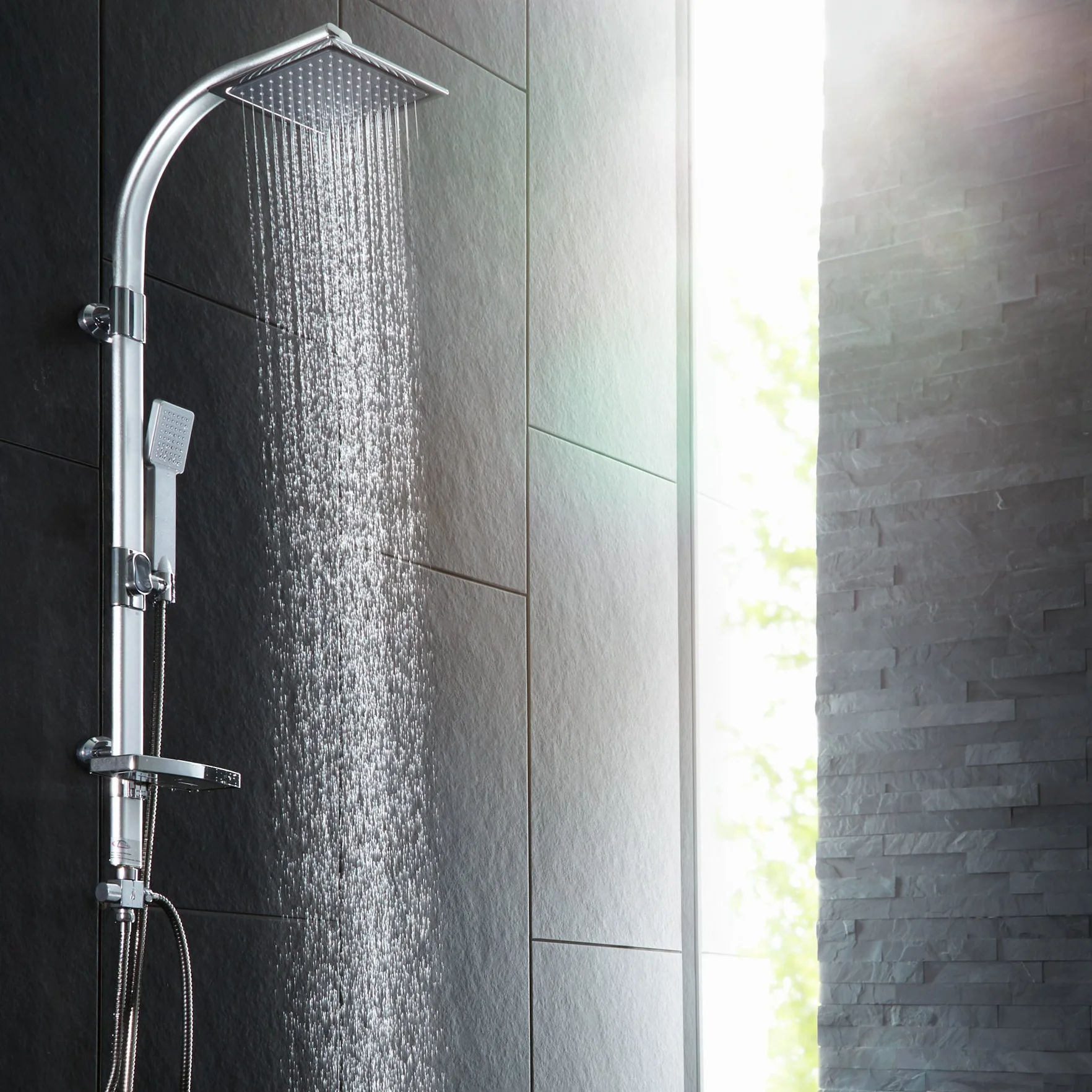 tectake® Conjunto de Ducha con Rociador de Hidromasaje de Aluminio con Grifo Ducha, Duchas de Baño con Alcachofa con Junta Esférica, Bandeja y Barra Regulable, Columna Hidromasaje - Gris