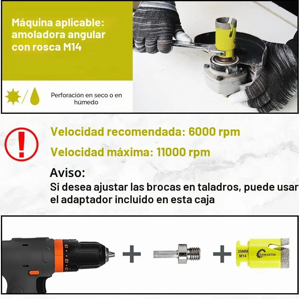 Juego de Brocas Diamante - Brocas Porcelanico 10piezas (6/8/10/20/35/50/68mm+20mm Fresa Diamante+50mm Broca Chaflán+Hex Adapter) para Porcelanico Cerámica Mármol Granito