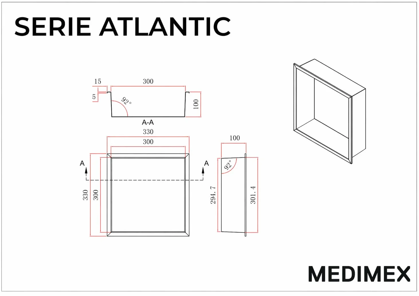 MEDIMEX - Hornacina Ducha Empotrable Atlantic HOR001 Nicho Baño Acero Inoxidable 304 | Cuadrada 33x33 cm Profundidad 10 cm, Estante Organizador Reforma Pared | 6 Acabados Premium (Blanco Mate)