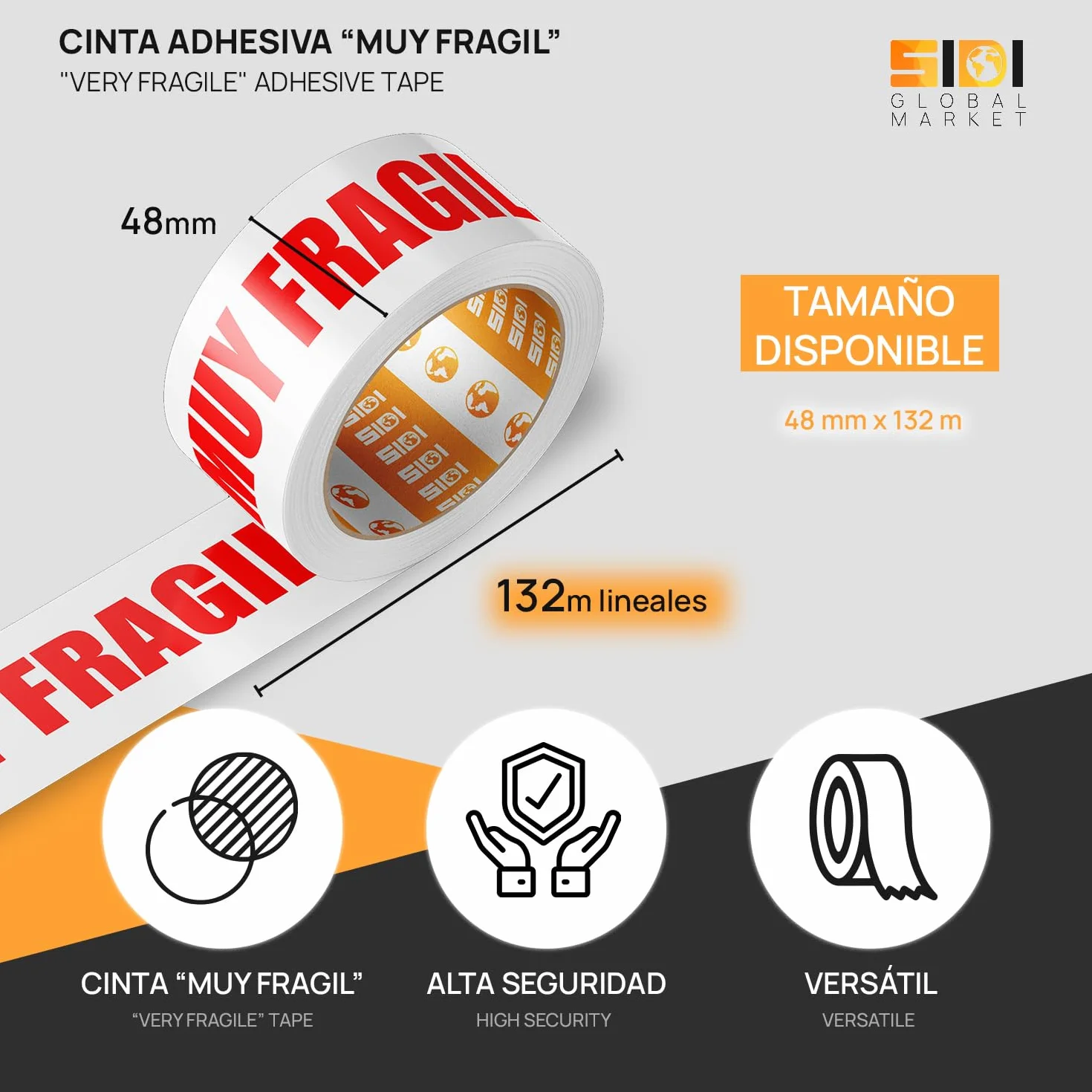 Cinta de Embalar, Cinta Adhesiva Blanca con Texto "MUY FRAGIL" en rojo, Cinta de Embalaje para Cajas Mudanza y de Envío, Transporta Cajas de Forma Segura, Cinta de Embalar 48mm x 132m - SIDI (24 uds)