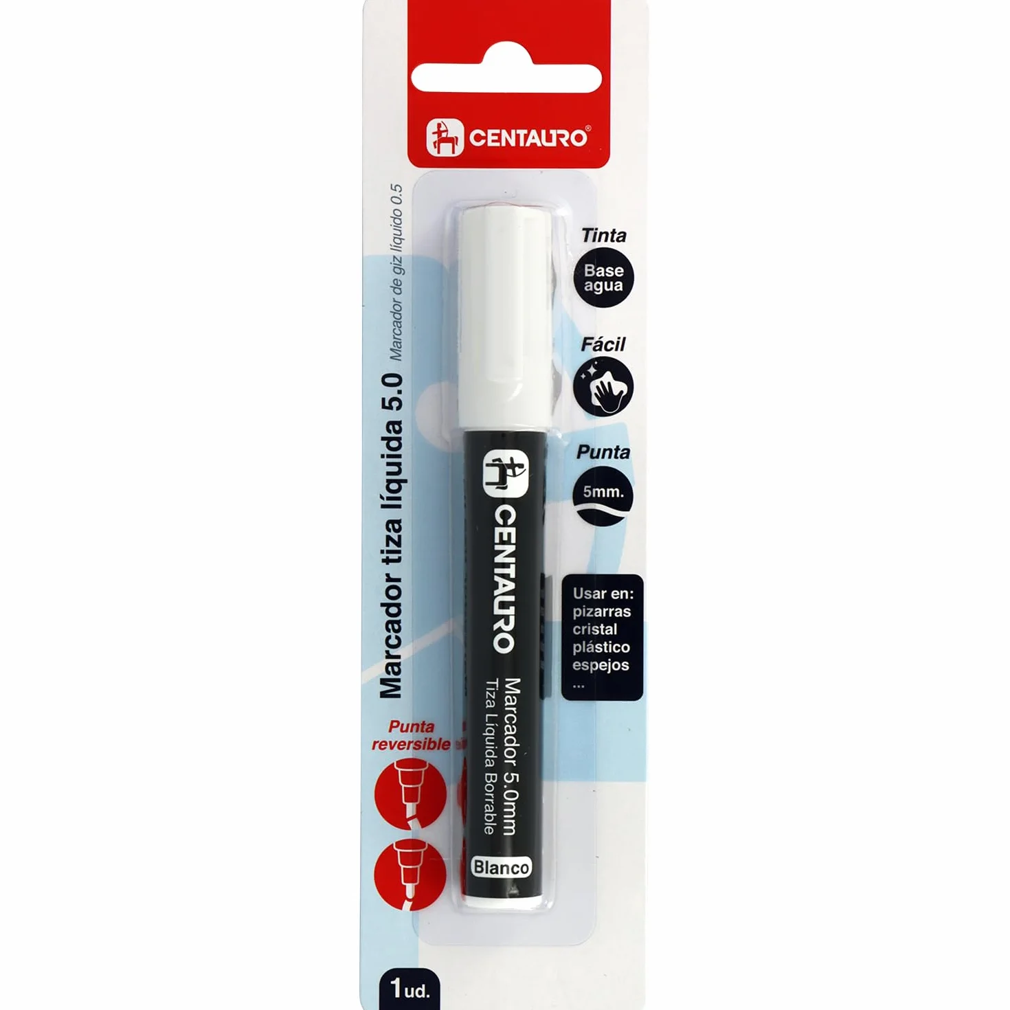 Centauro Rotulador Tiza Liquida Borrable Blanco Punta 5mm Tinta Base Agua Punta Reversible Cónica y Biselada