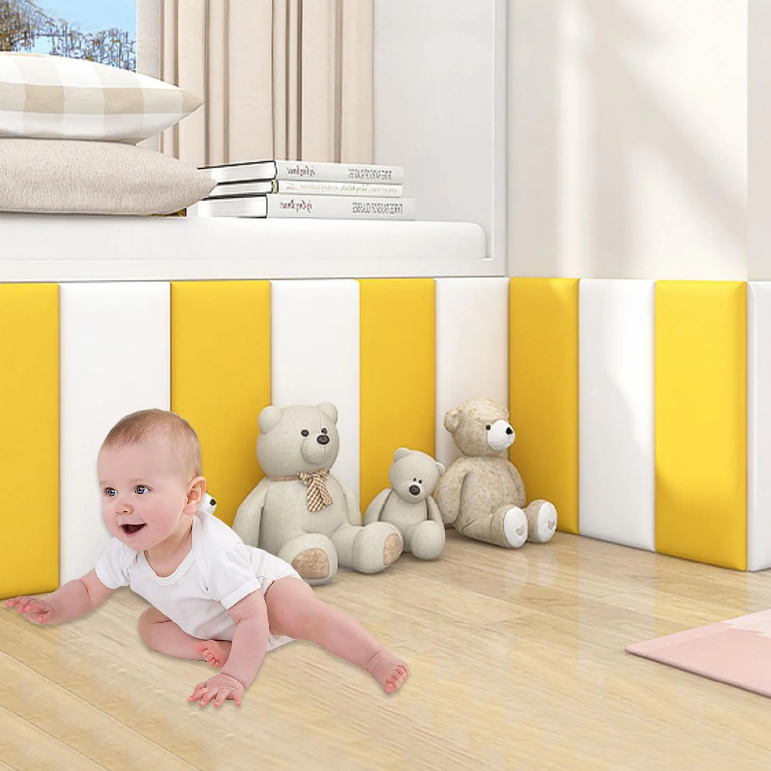 Paneles de pared 3D, paquete suave anticolisión, paquete suave para guardería, pegatinas de pared, paquete suave de tatami, paquete suave de pared de fondo para habitación infantil (blanco-4 unidades)