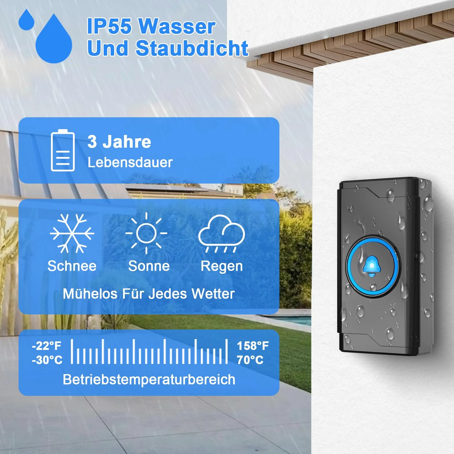 SURFOU Timbre Inalámbrico Exterior Interior Impermeable 400M Alcance 55 Melodías 5 Niveles Volumen LED Negro
