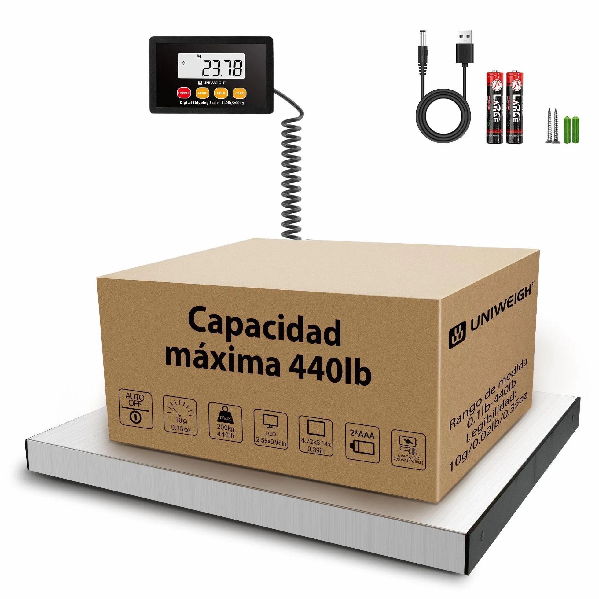 UNIWEIGH Bascula Postal Digital 440lb x 10g Plataformas de Acero Inoxidable Balanza Pesada con Retención Tara Pantalla LCD