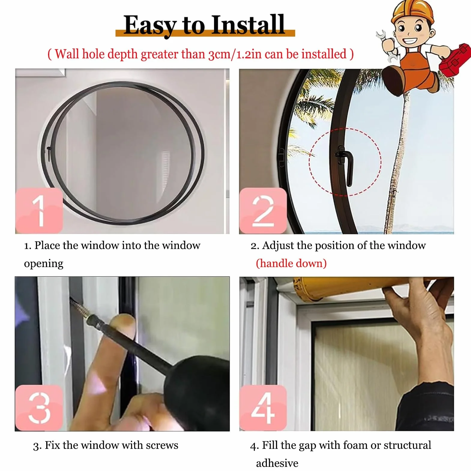 Ventana Redonda de Metal empotrada con Vidrio Templado, rotación de 360°, Eje Central y manija, ventilación e iluminación, Ventana Horizontal (Negra, 70 cm/27,6 Pulgadas)