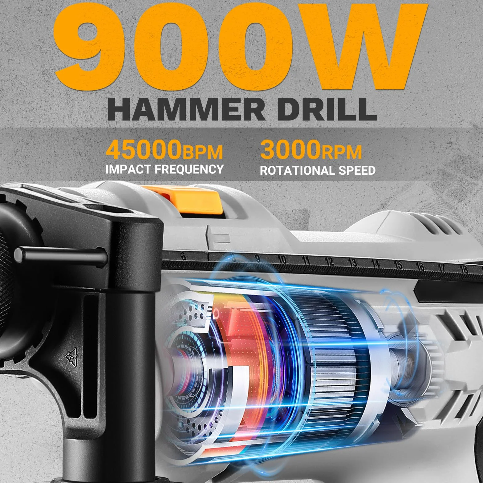 DEKOPRO Taladro Percutor con Cable de 900W: Taladro Percutor de 6 Velocidades, 3000 RPM, Portabrocas de 13 MM, Mango Giratorio de 360°, Incluye 12 Brocas, Apto para Madera, Metal y Hormigón