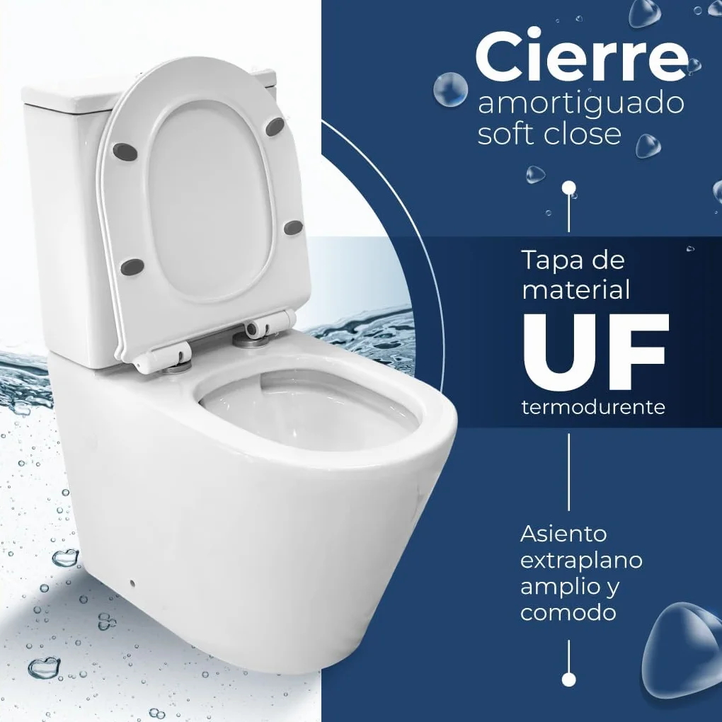 Inodoro Completo - WC Inodoro Completo con Sistema Rimless Antibacterias - Vater Baño con Tapa UF Termodurente Amortiguada - Inodoro Salida Dual Eficiente con Ahorro de Agua (Venecia)