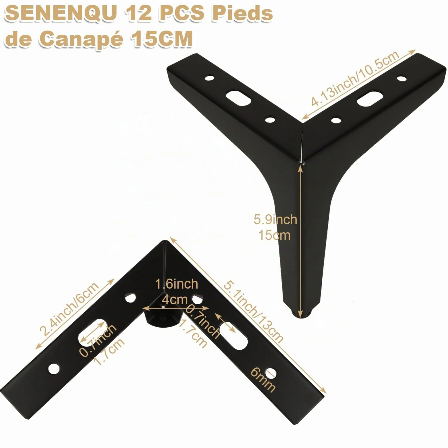 SENENQU 12 Piezas Patas para Muebles Negras 15 cm, Patas para Mesas y Sofá con Tornillos, Pies Metálicos de Acero Resistente para Armario, Mueble de TV y Cama