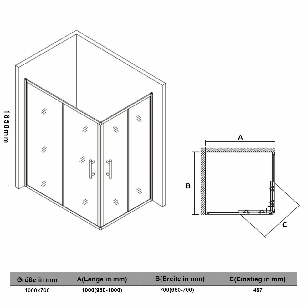SONNI Mampara de Ducha 100x70 cm Retangular,Cabina de Ducha Corredera,Easyclean Vidrio Templado de Seguridad 5mm con NANO Tratamiento Antical