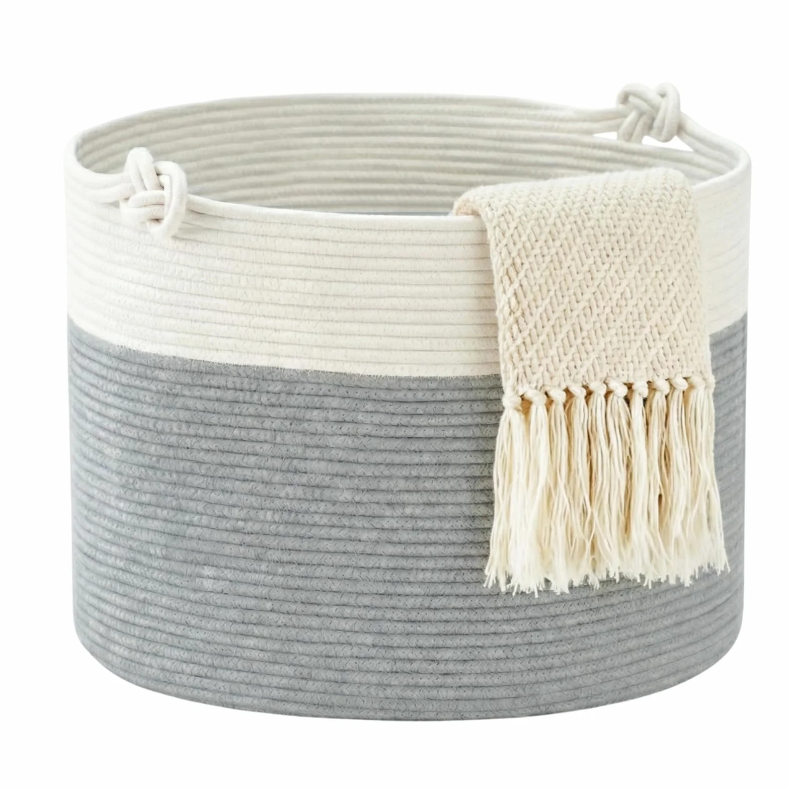 COSYLAND Cesto de Ropa Sucia de Cuerda de Algodón D50 x H35 cm – Cesta para la Ropa Sucia con Asas – Cesto Plegable para Mantas, Juguetes y Lavandería – Blanco Crema y Gris Claro