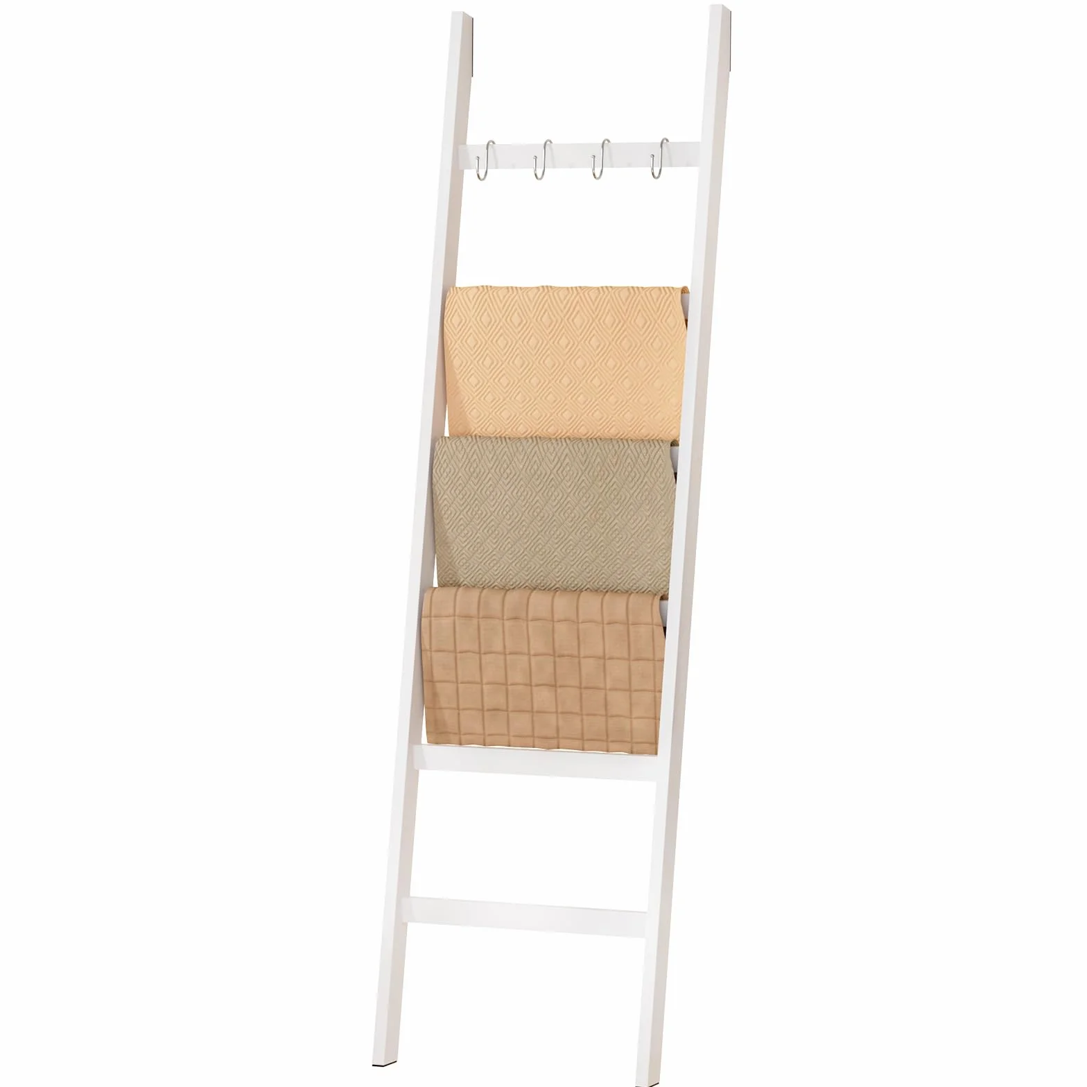 Yorbay Toallero Escalera con 6 Peldaños 2 Correas de Seguridad contra Caídas y 4 Ganchos Toallero para Baño Decorativo Escalera de bambú Escalera Decorativa (Blanco)
