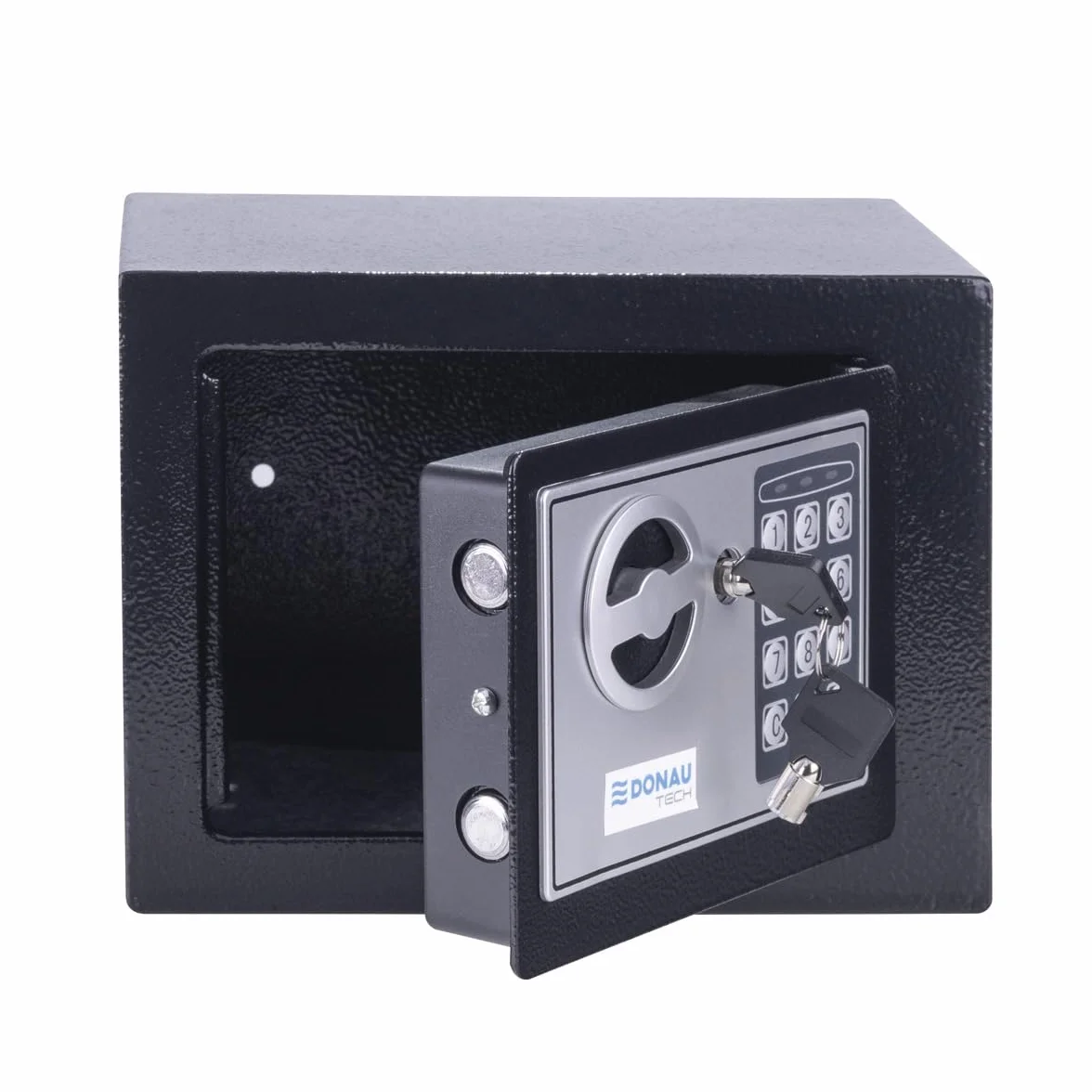 Caja fuerte digital DONAU TECH Mini 4,6L / 23 x 17 x 17 cm/Caja fuerte electrónica manual-digital pequeña para muebles/con contraseña digital y 2 llaves de seguridad/Negra