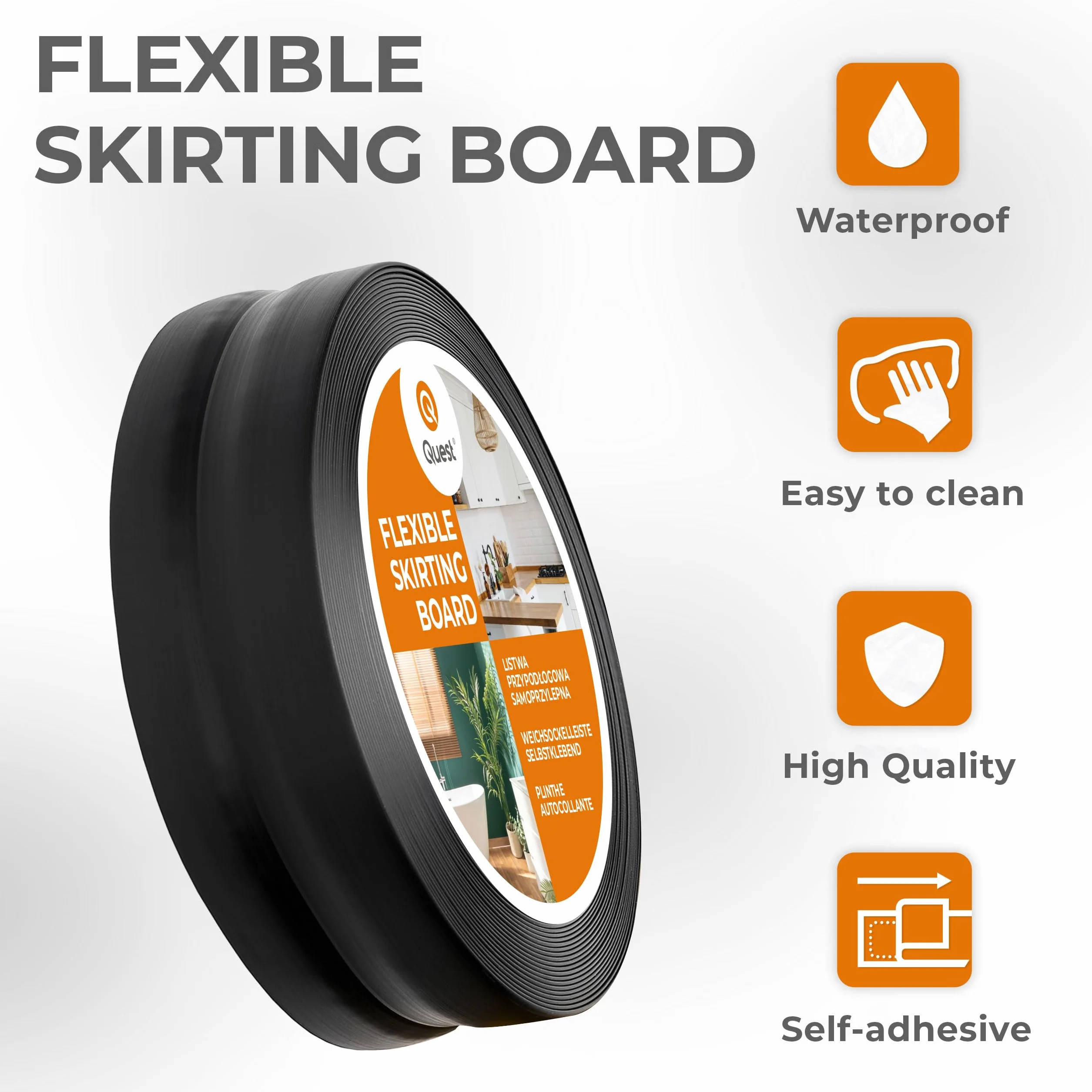 Rodapiés Flexible Autoadhesivo - 40 mm x 40 mm - Rodapié Plegable para Cocina, Baño - Cinta de sellado, Perfil PVC - Estanco, Decorativo - 10 Metros, Negro