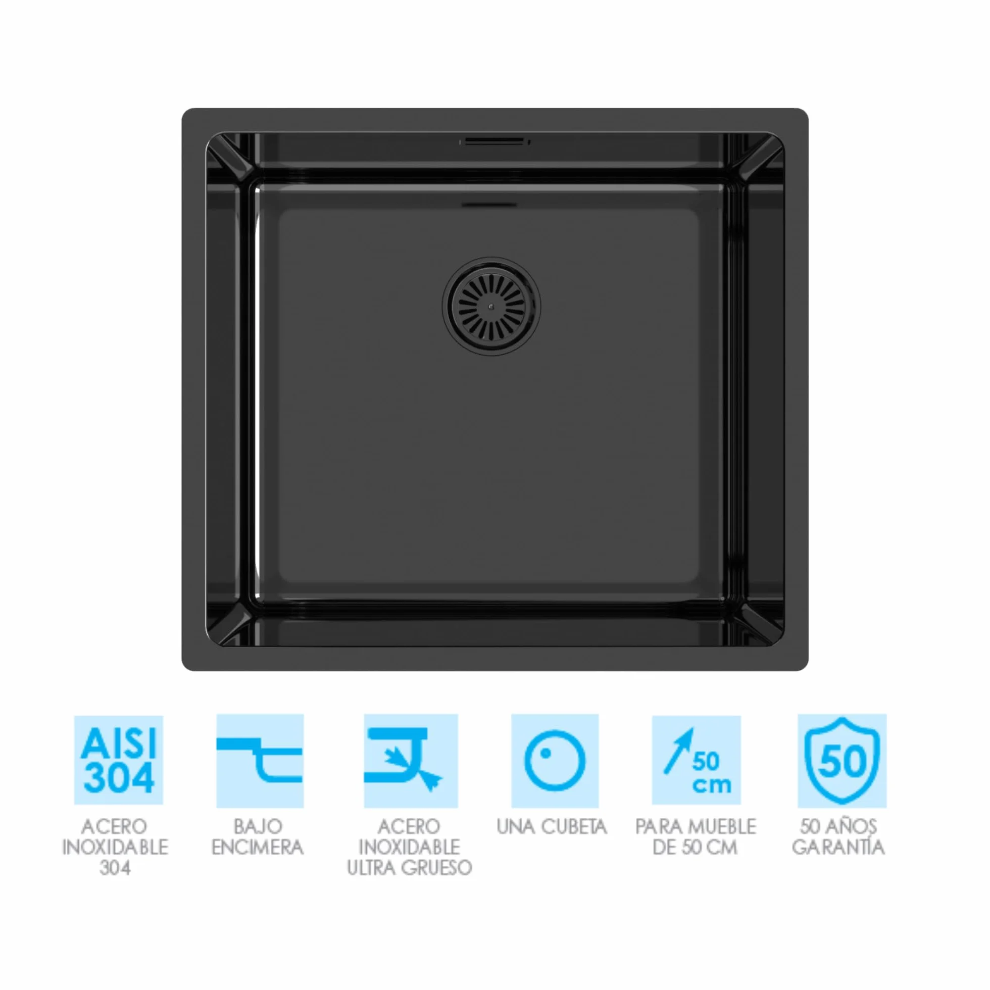 Edesa Fregadero Cocina Bajo Encimera 1 Cubeta Cuadrada FUJI BE 45X40 cm Acero Inoxidable Profundidad 18 cm Fondo Absorbente Accesorios Incluidos Color negro