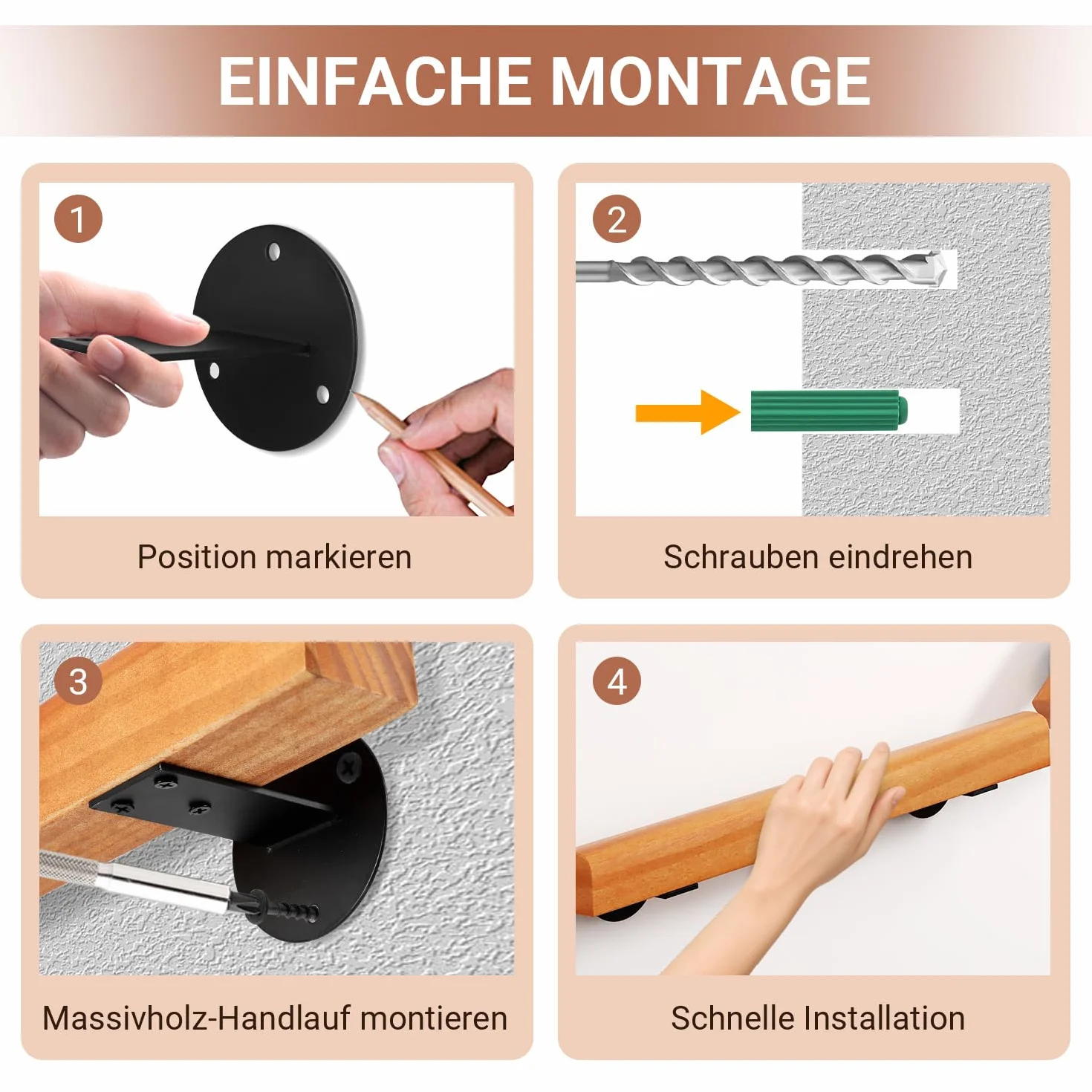 Pasamanos de madera de pino, 80 cm, pasamanos montados en la pared, madera semicircular, pasamanos de madera antideslizante con soportes de pared, material de montaje, nogal claro