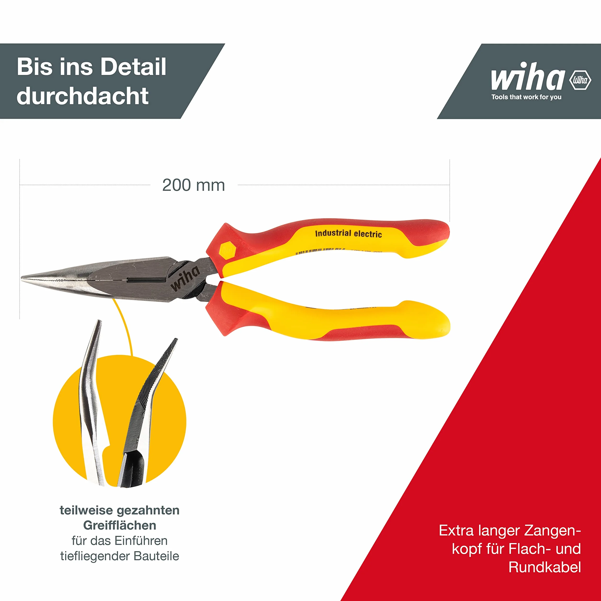 Wiha Alicates de boca semi-redonda Industrial electric con filo de corte, con forma curvada, aprox. 40° 200 mm, 8" (35462)