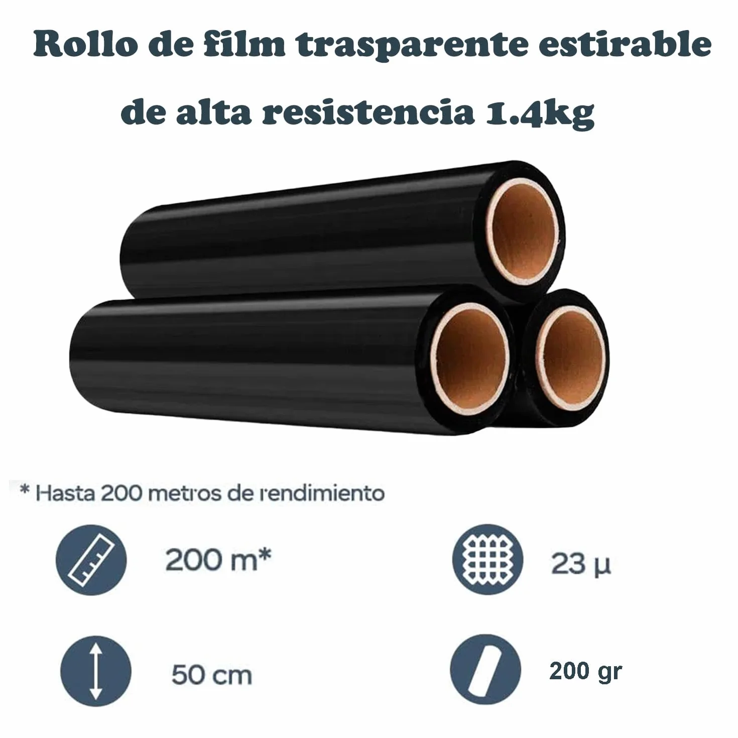 Various Film Negro para embalaje plástica retráctil de 50cmx200m,23 micras, resistencia industrial de estiramiento, adherencia Negro, envoltura para mudanza, palets.