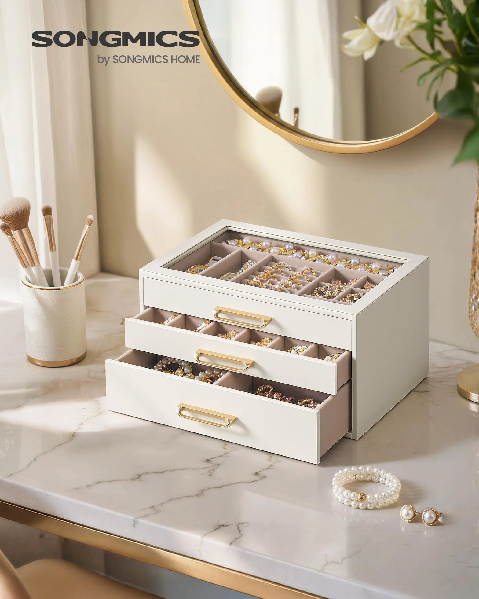 SONGMICS Caja de Joyas, Organizador de Joyería de 3 Niveles, con Ventana de Vidrio, 3 Cajones, Gran Capacidad, Tiradores Dorados, Idea de Regalo, 16 x 24 x 12,5 cm, Blanco Crema JBC206WD01