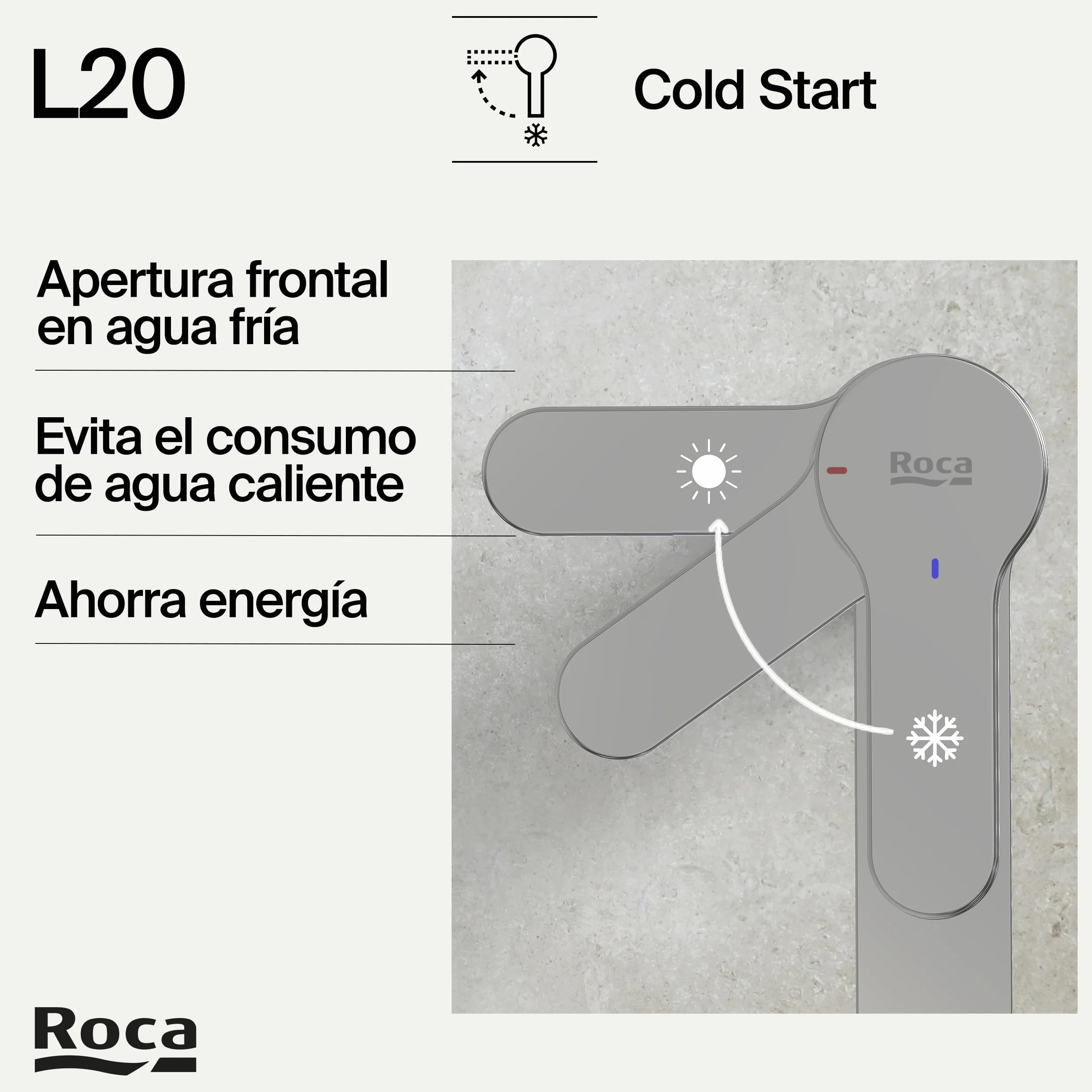 Roca L20 Grifería para lavabo con tecnología Cold Start, grifo monomando de repisa con enlaces de alimentación flexibles, mezclador para cuarto de baño de fácil instalación, cromado, A5A3K09C00