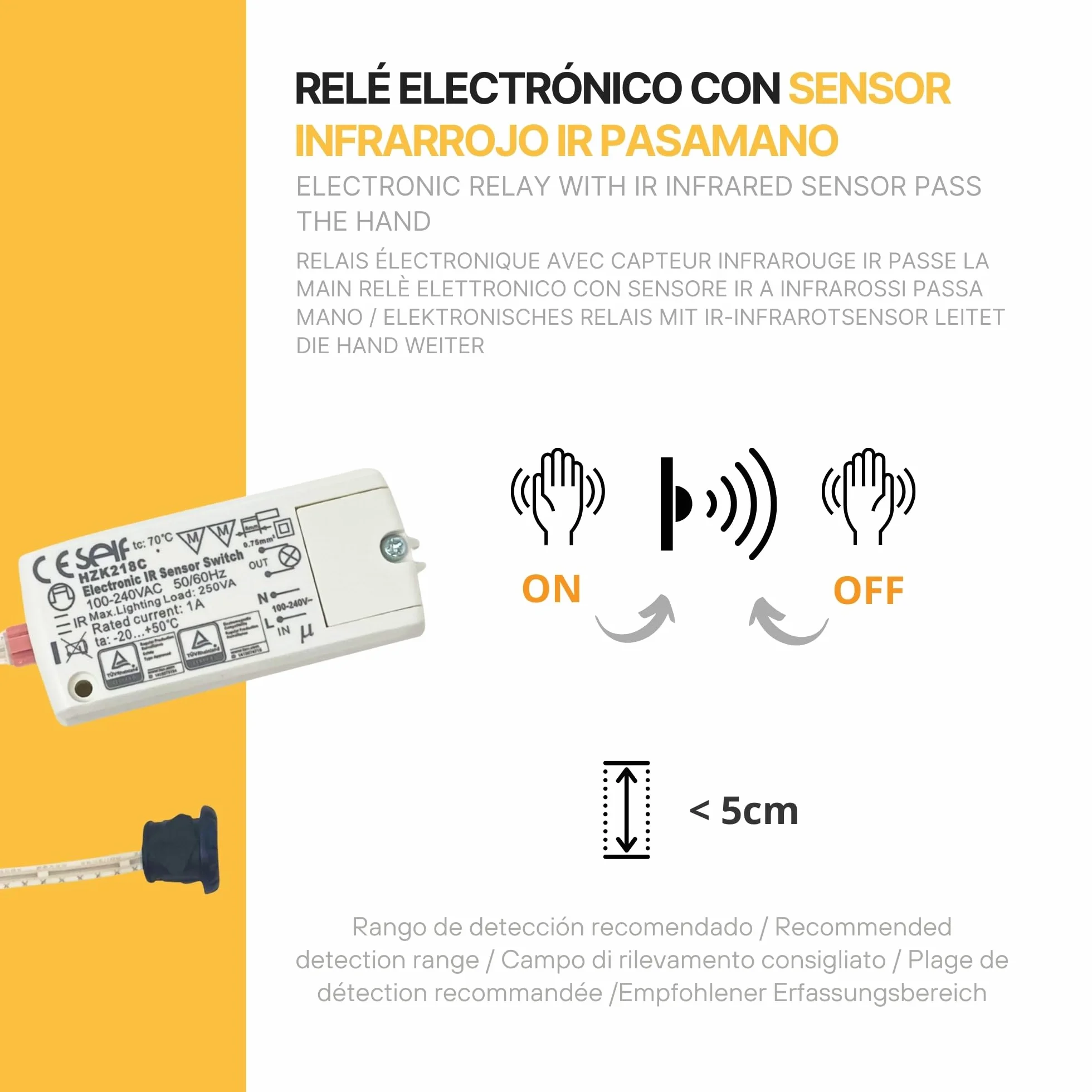 GBBC Relé electrónico sensorial HZK218C, Activación por movimiento de mano a 10 cm, Sensor de movimiento