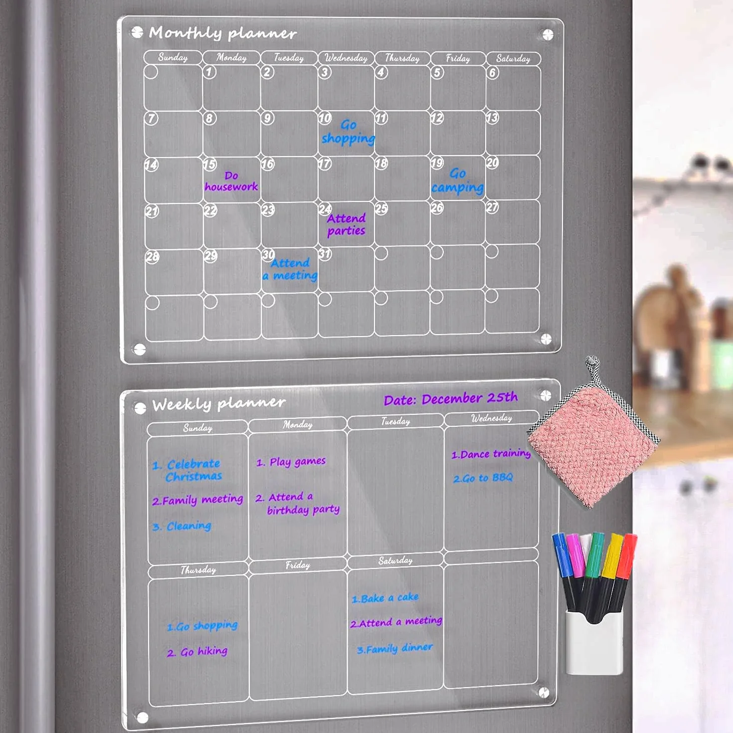 Calendario Mensual Magnético Borrable para Refrigerador, Acrílico Transparente