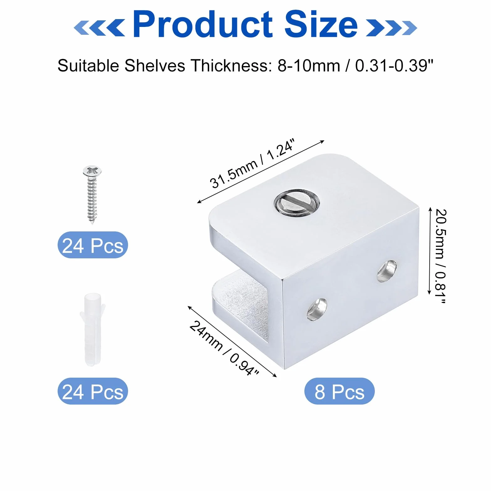 QUARKZMAN 8Pcs Soporte Para Estante De Vidrio, Soporte Para Estante De Vidrio Ajustable De Latón Sólido, Para Estante De Vidrio De Pared Clip Para Vidrio De 8-10mm (0.31"-0.39"), Plata
