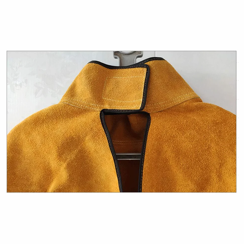 Delantal soldador de cuero vacuno para hombres y mujeres, con mangas y cuello, delantal de protección de trabajo resistente, a prueba de chispas, resistente al calor, 41 x 21 pulgadas