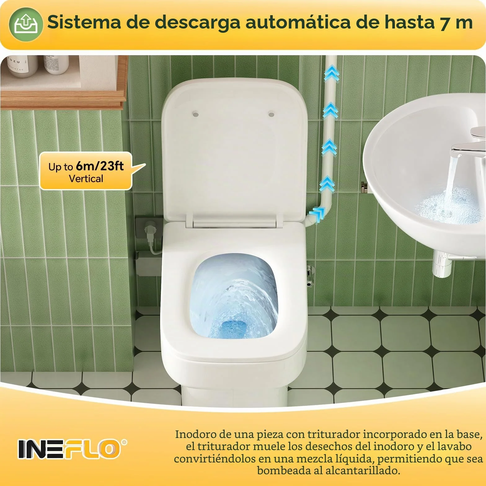 Inodoro compacto de 600 W con bomba trituradora integrada para sótanos, habitaciones pequeñas, desván o baños bajo escaleras, mando a distancia, doble cisterna, 4/5 CV