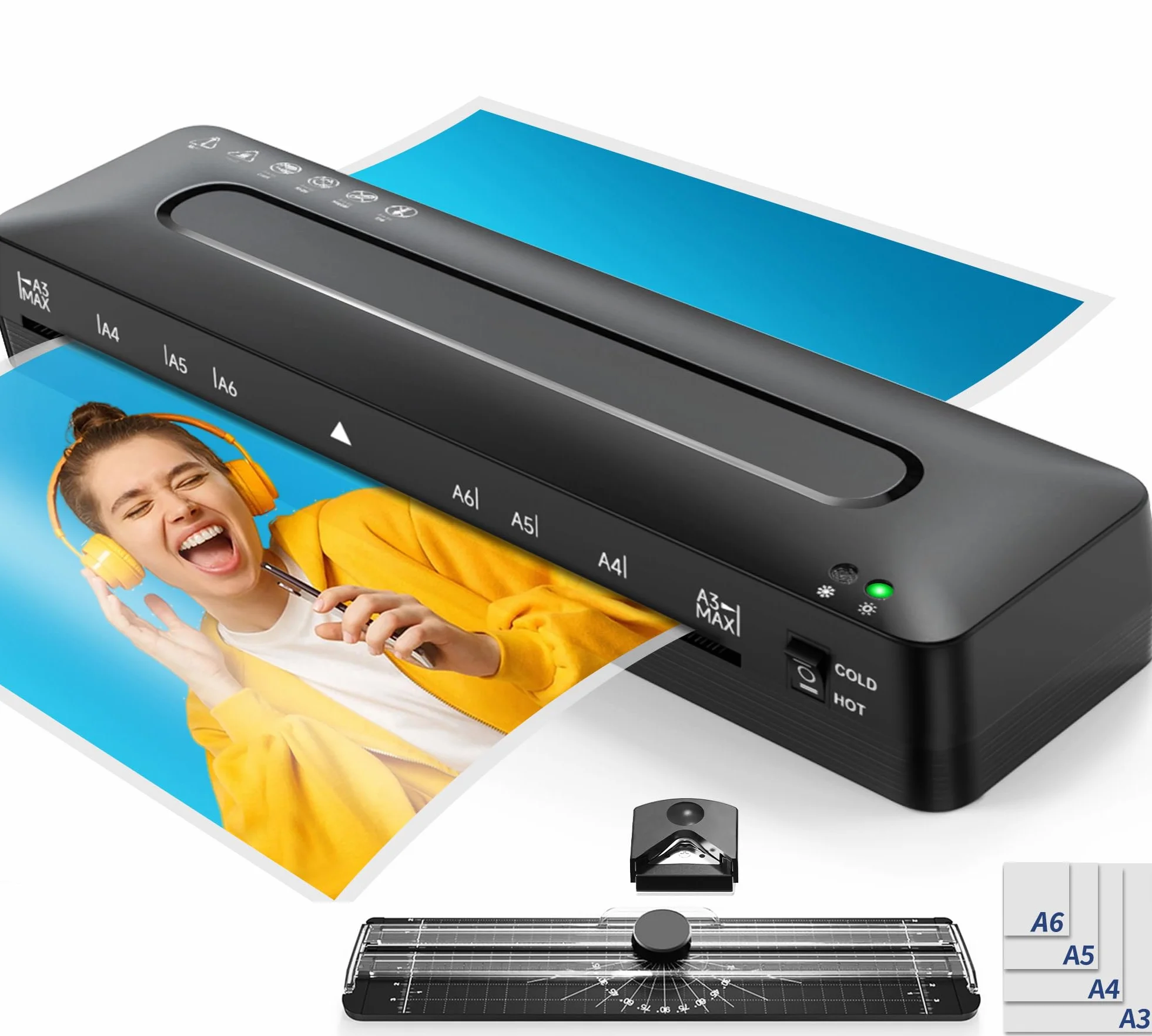 Plastificadora A3 Máquina de Laminadora 5 en 1 Frío y Caliente con Guillotina A3 A4 A5 A6 Redondeador de Esquina
