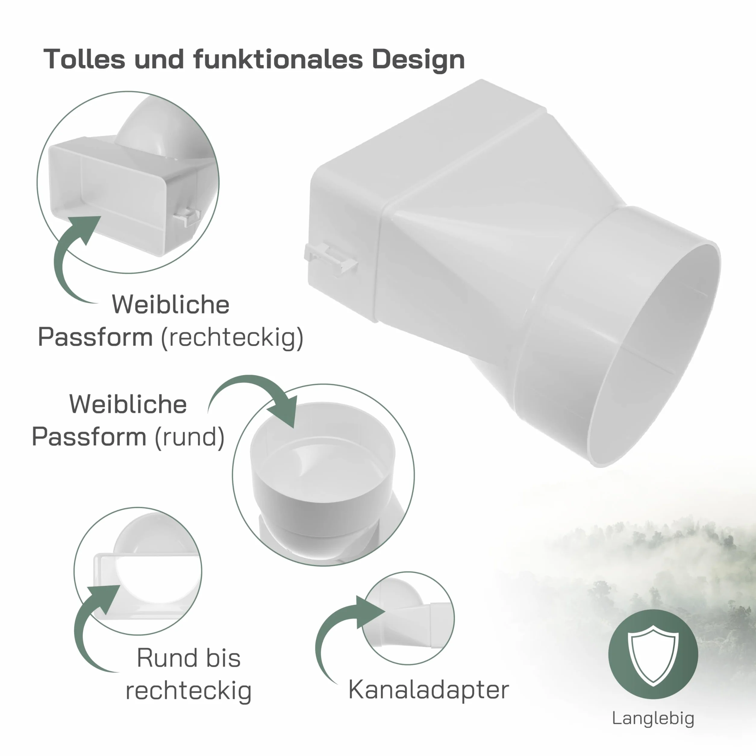 Sistemas de Ventilación conector rectangular plano de 110 x 55 mm a conducto redondo de Ø100 mm con entrada corta horizontal de tubería, acoplamiento de salida - para calefacción y refrigeración