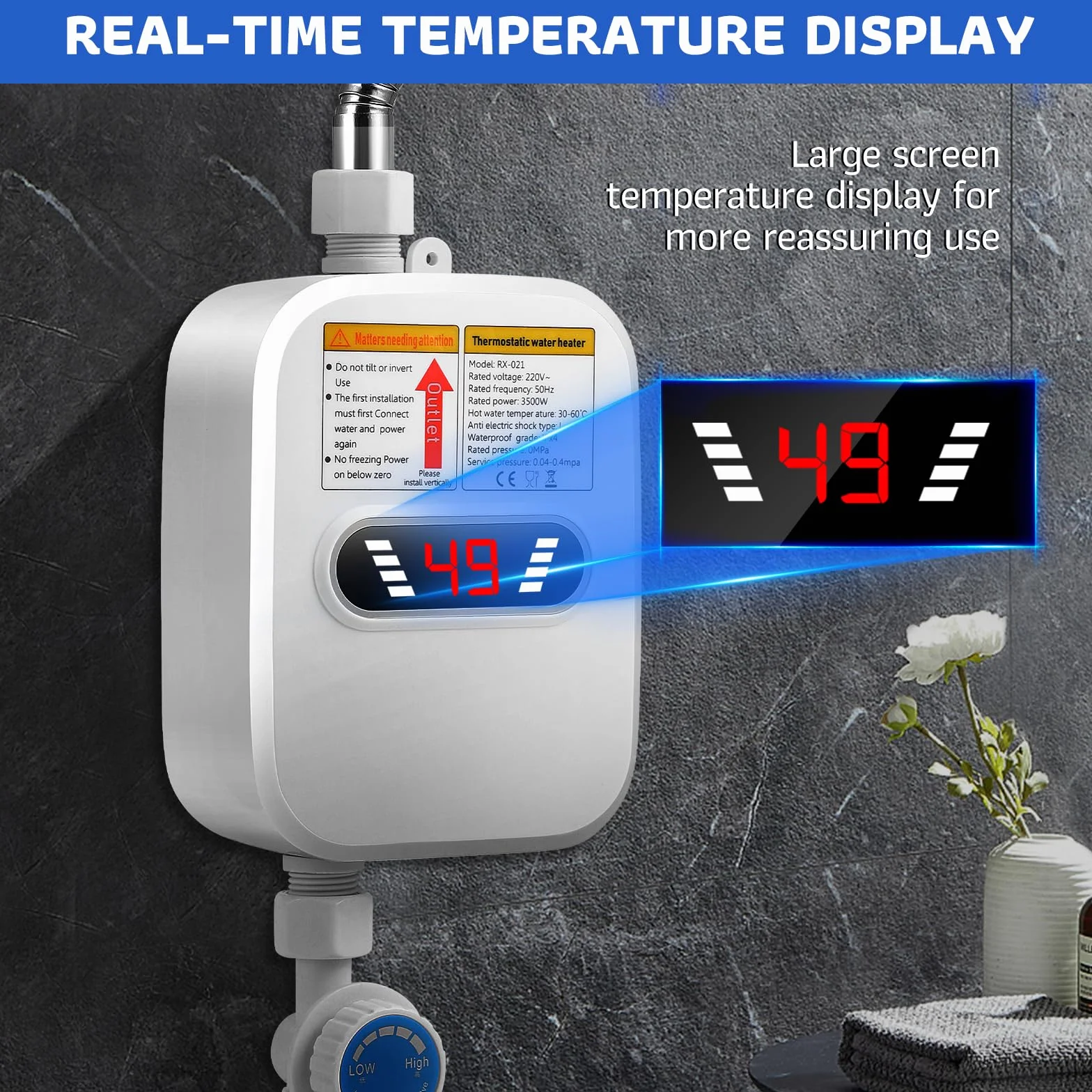 Mini Cocina Calentador EléCtrico InstantáNeo 3500 W, 220 V Con Cabezal De Ducha, Indicador De Temperatura Para El BañO, Hogar