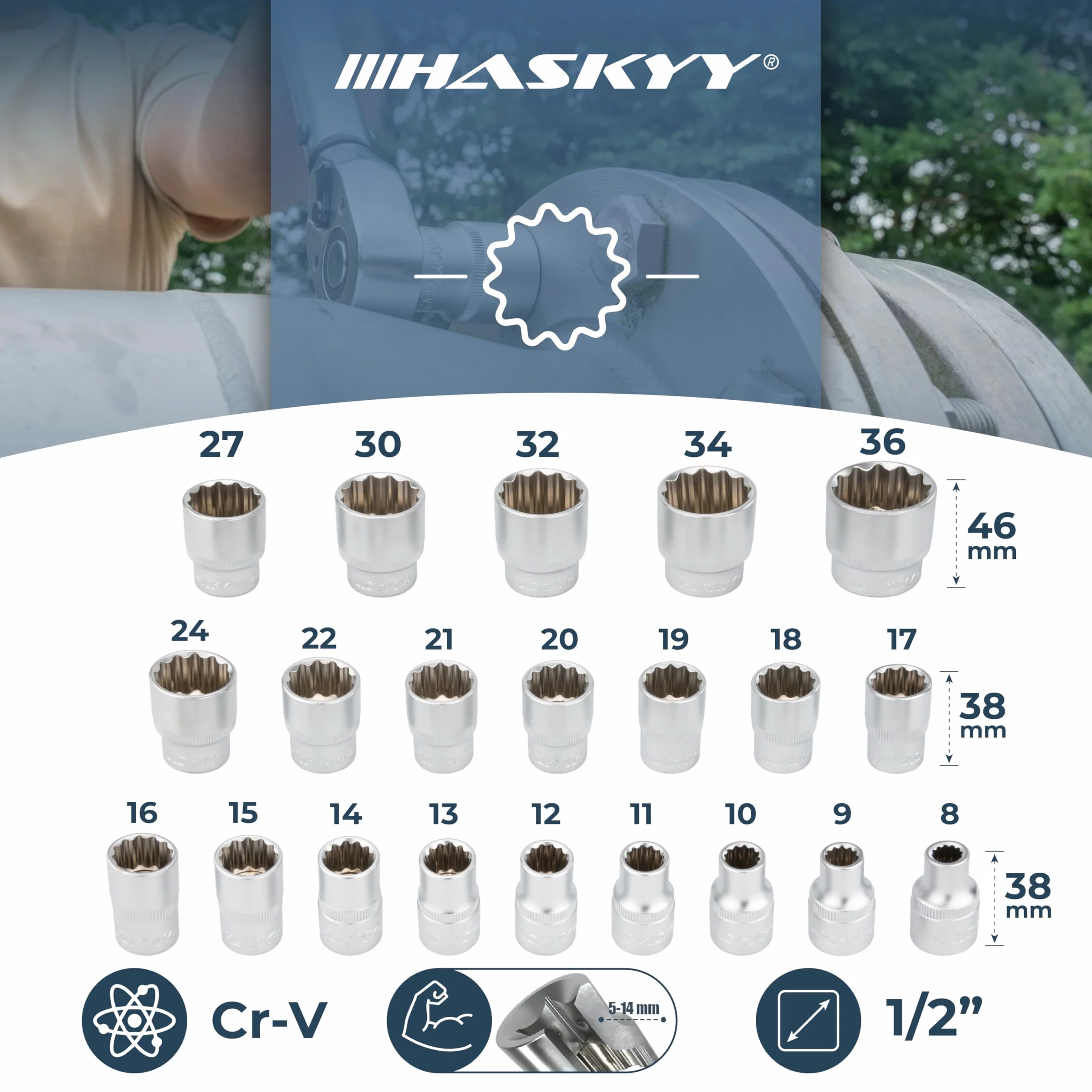 HASKYY Juego de vasos 1/2 pulgada de 12 puntas 8-36 mm - Llaves de vaso profesionales