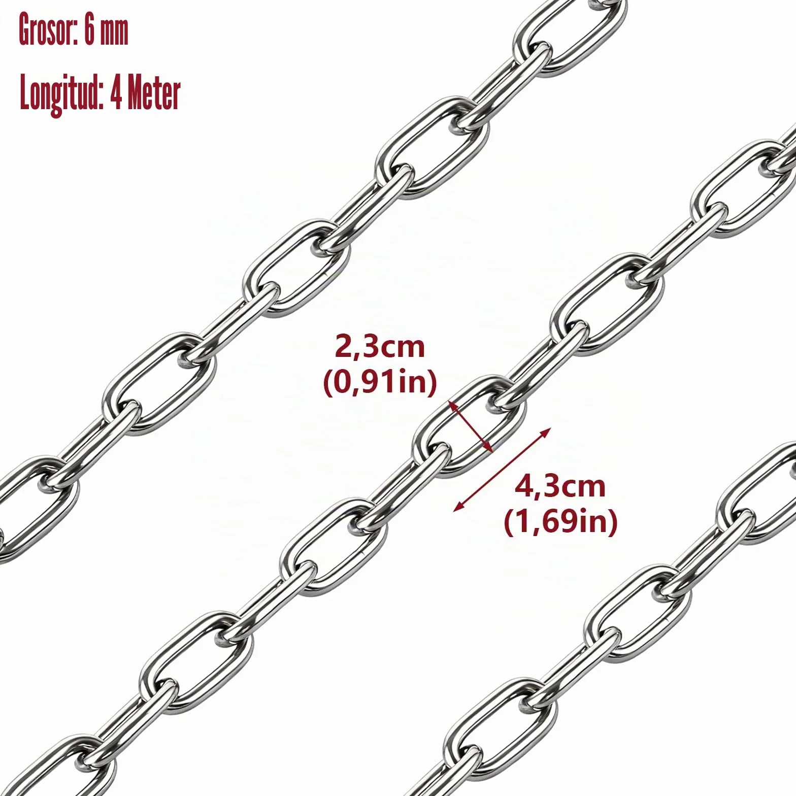 Cadena de acero inoxidable de 6 mm, cadena de acero inoxidable de 4 m, cadena de eslabones largos, cadena de eslabones de acero inoxidable, cadena de eslabones