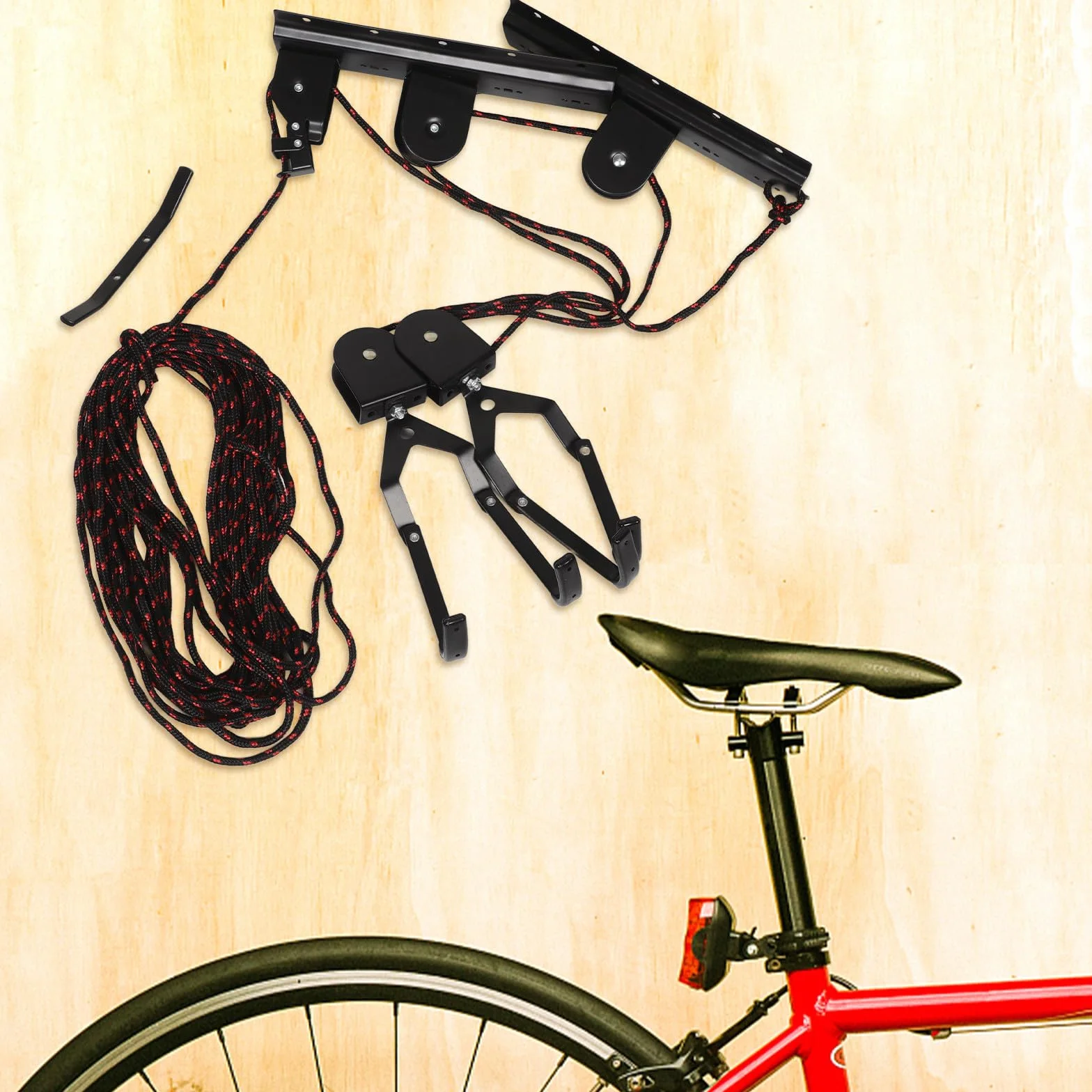 VILLCASE Elevador de Bicicletas de Acero Negro para Garaje Soporte de Pared, Sistema de Poleas para Colgar Bici y Ahorrar Espacio Hogar
