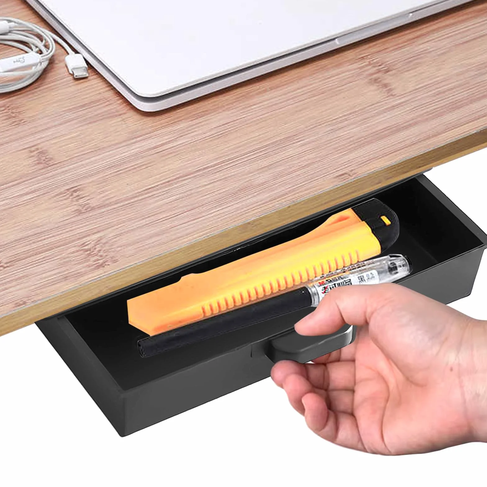 Caja Organizadora para Debajo del Escritorio, Cajón Autoadhesivo de Plástico, Gran Capacidad, Negro