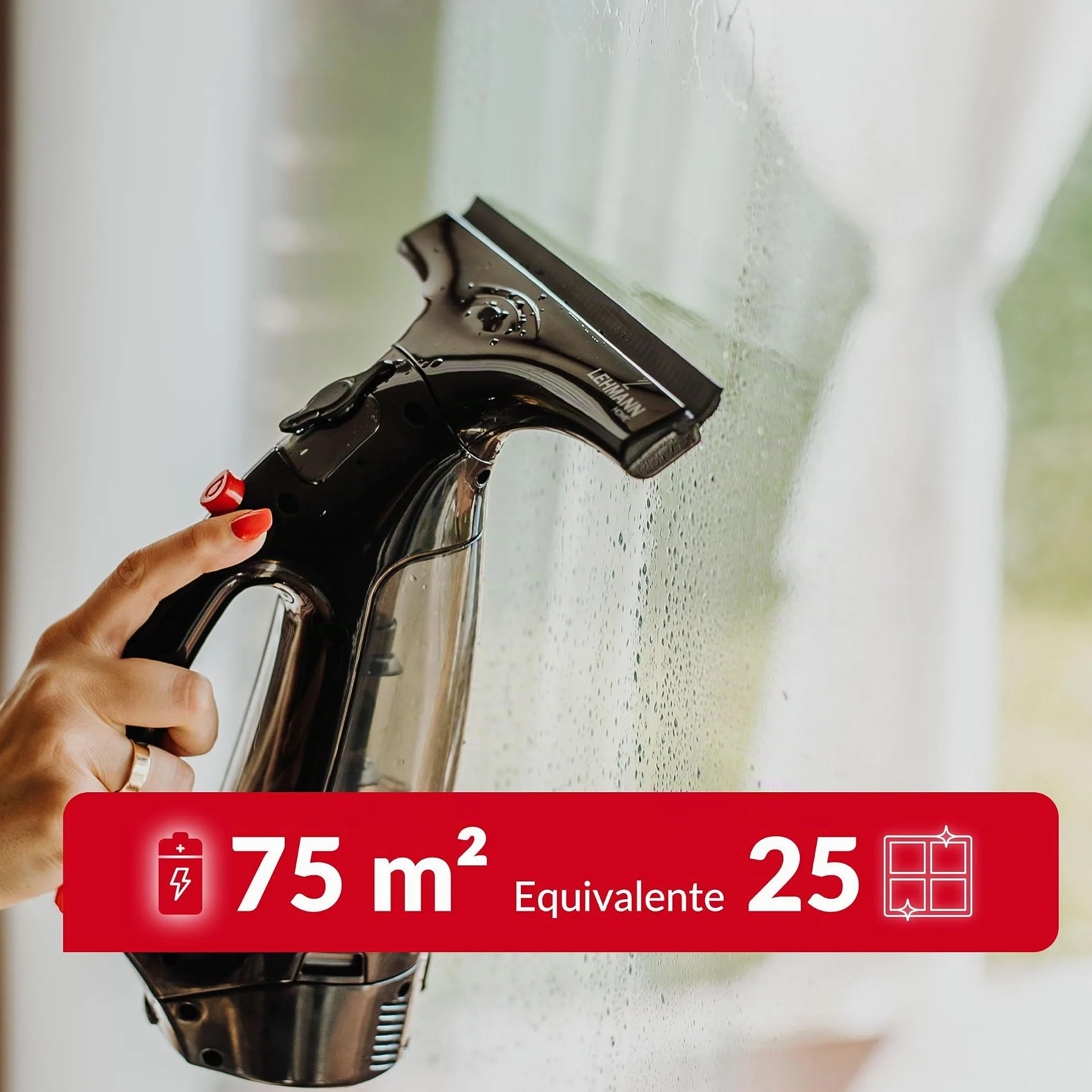 LEHMANN Sargo Limpiador de Cristales con Batería, Autonomía de Batería 25 min, Ancho de Lavado 25 cm, 75 m2 por Carga, Depósito Agua Sucia 100 ml, Lanza Telescópica Ajustable, Paño Microfibra