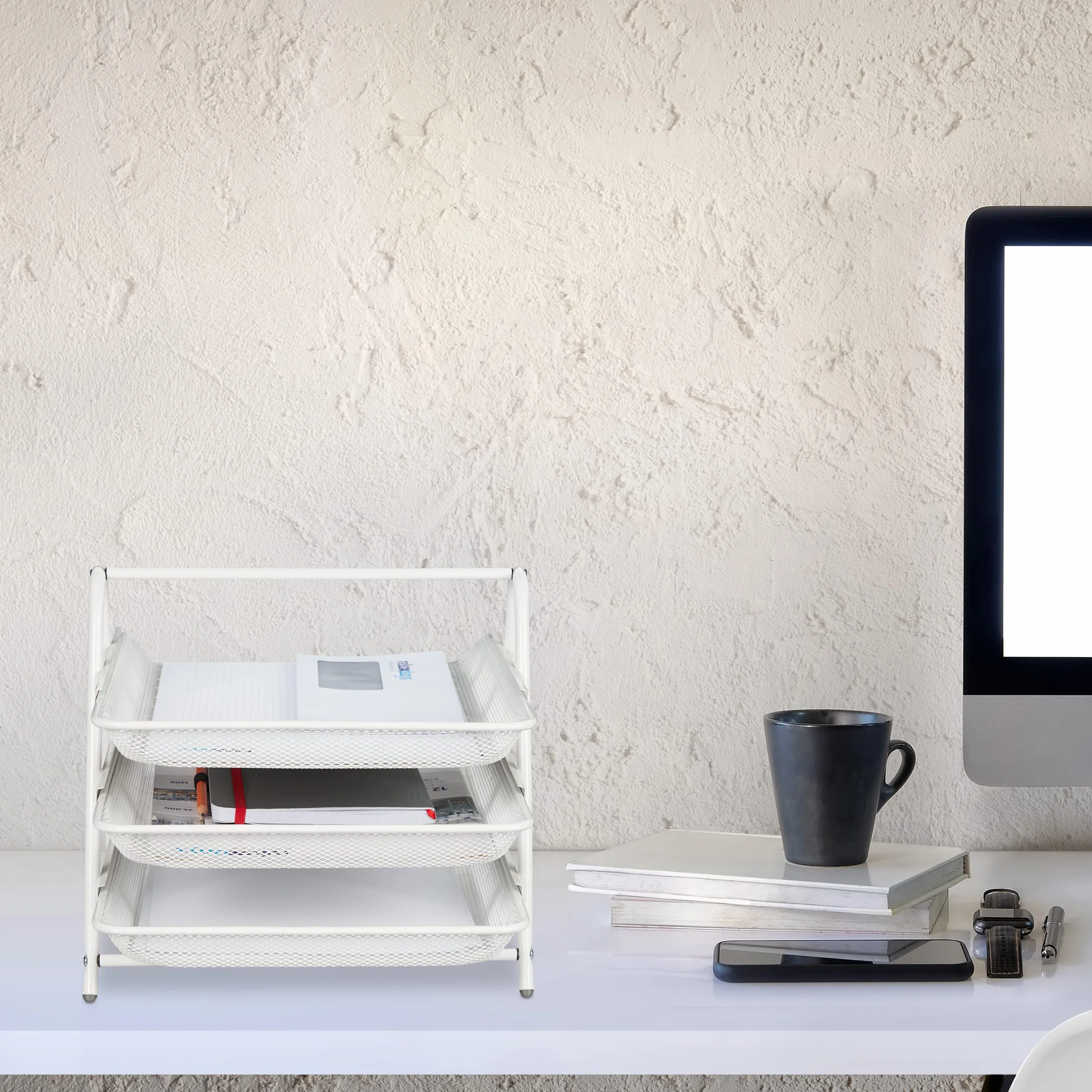 Relaxdays Organizador Oficina 3 Niveles, Bandeja Documentos Metal, Soportepara Papel A4, 26,5x29,5x35,5 cm, Blanco