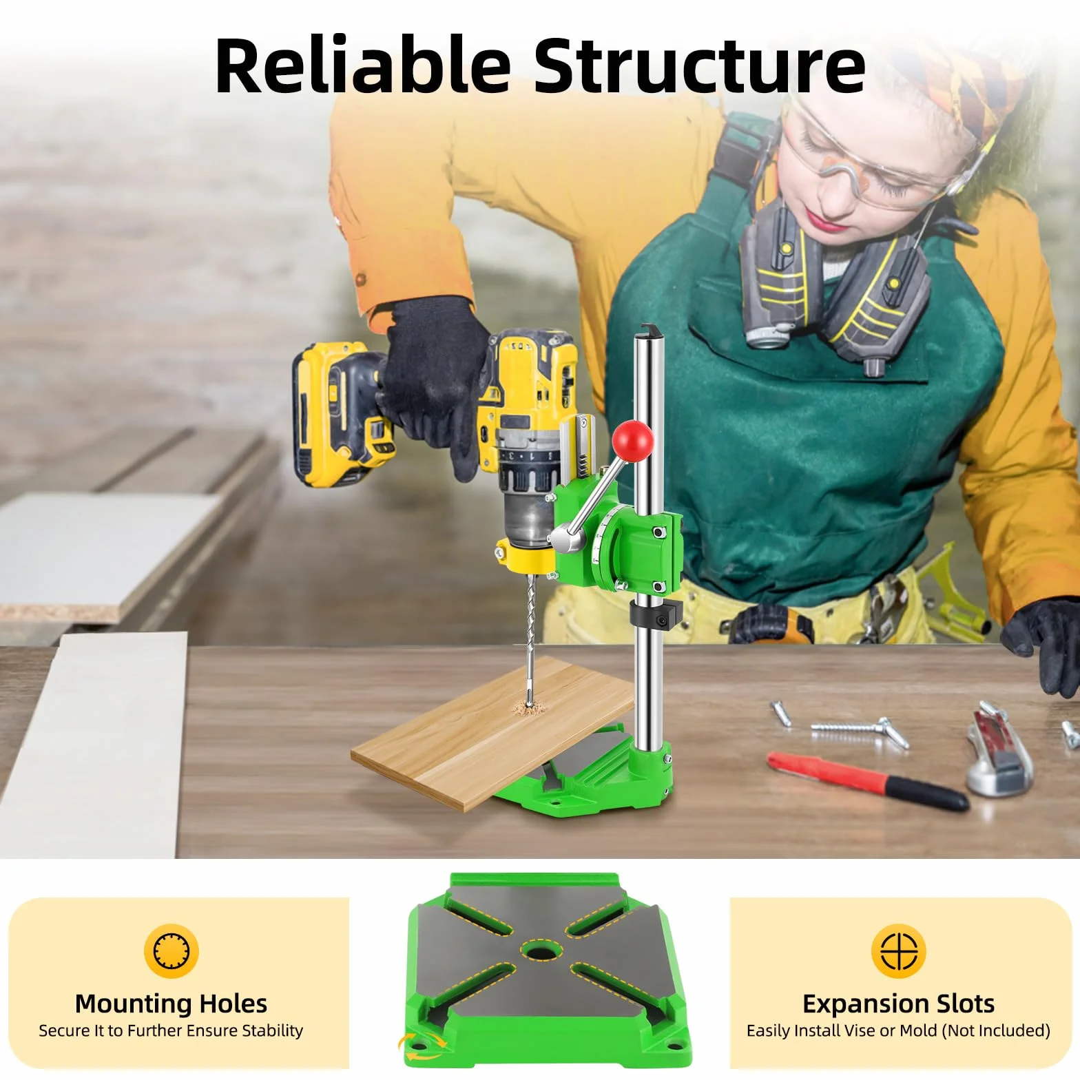Soporte de perforación giratorio de 90° para taladradora - Banco de trabajo multifuncional con diámetro de collar de 38-43 mm | Incluye 3 cabezas de plástico (diámetro interior: 38-42 mm, 40 mm, 27 mm
