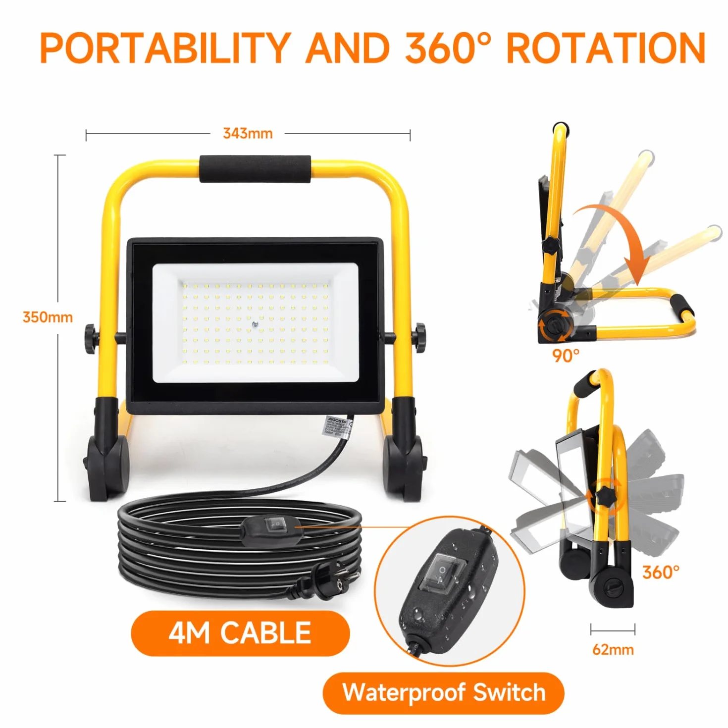 Aigostar Foco de Trabajo LED 100W,9000LM,Foco LED Portátil con Cable de 4M,Enchufes Con Interruptor Estanco,IP65 Impermeable,Soporte plegable,Uso en Interior y Exterior,para Obra, Taller,6500K