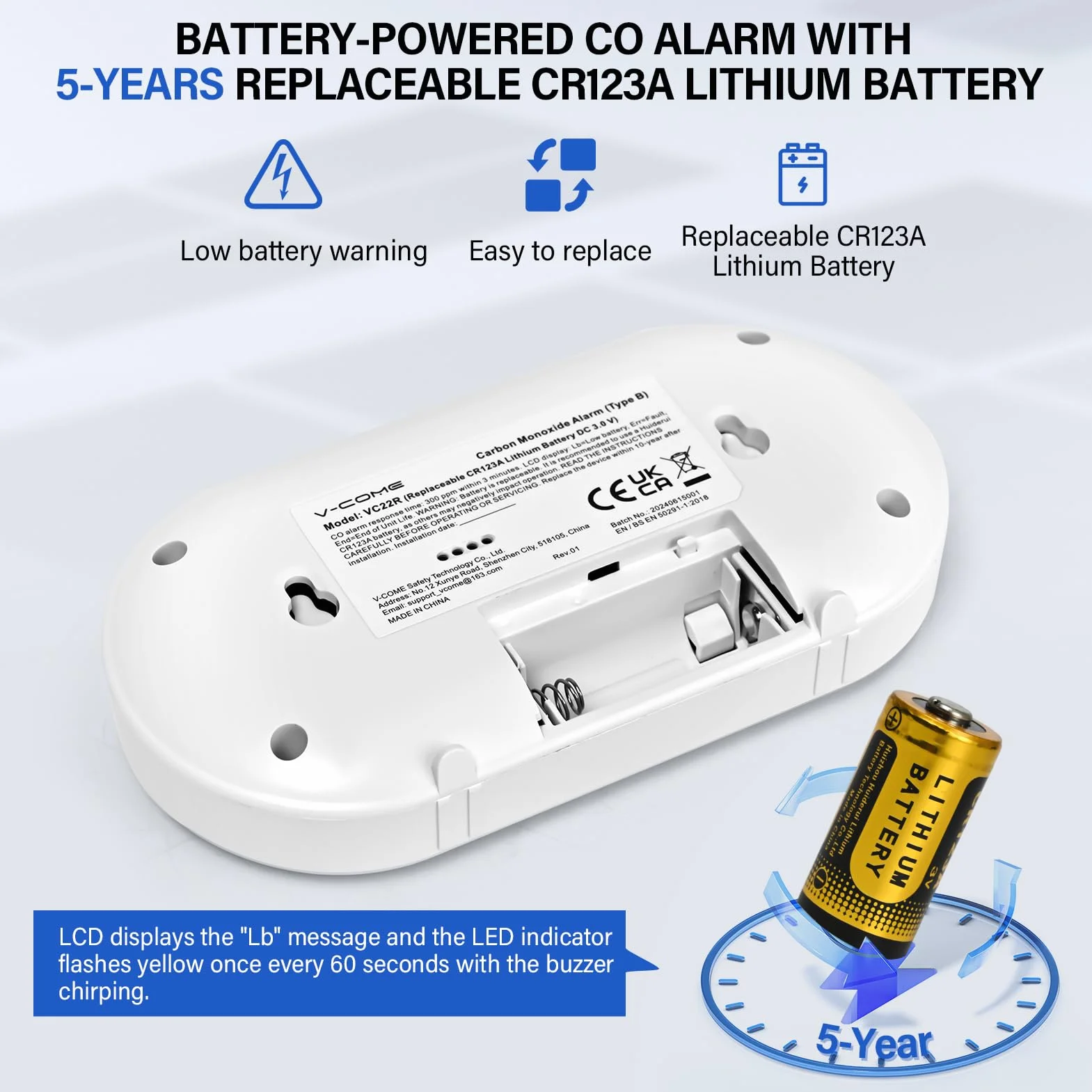 Detector Monóxido Carbono con Sensor CO 10 años, batería reemplazable 5 años, portátil Carbon Monoxide Detector diseño a Prueba de explosiones de Alta sensibilidad | Norma: EN 50291