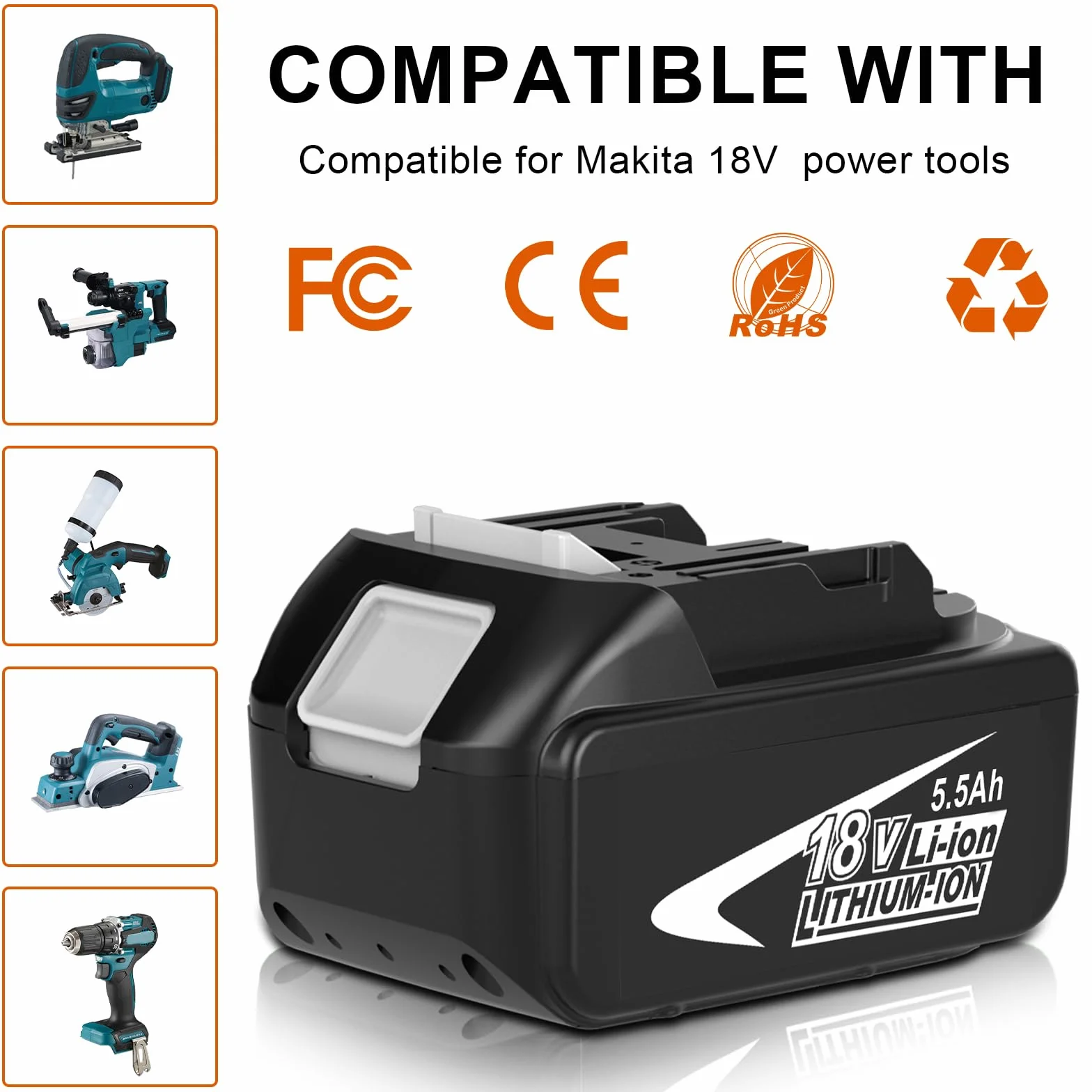 2 pcs 5500mAh Batería Repuesto para Makita 18V Batería .Compatible para Makita BL1860 BL1850B BL1850 BL1840B BL1830B BL1830 BL1820 BL1815 BL1825 BL1835 BL1845 con Indicador LED (Blanco)