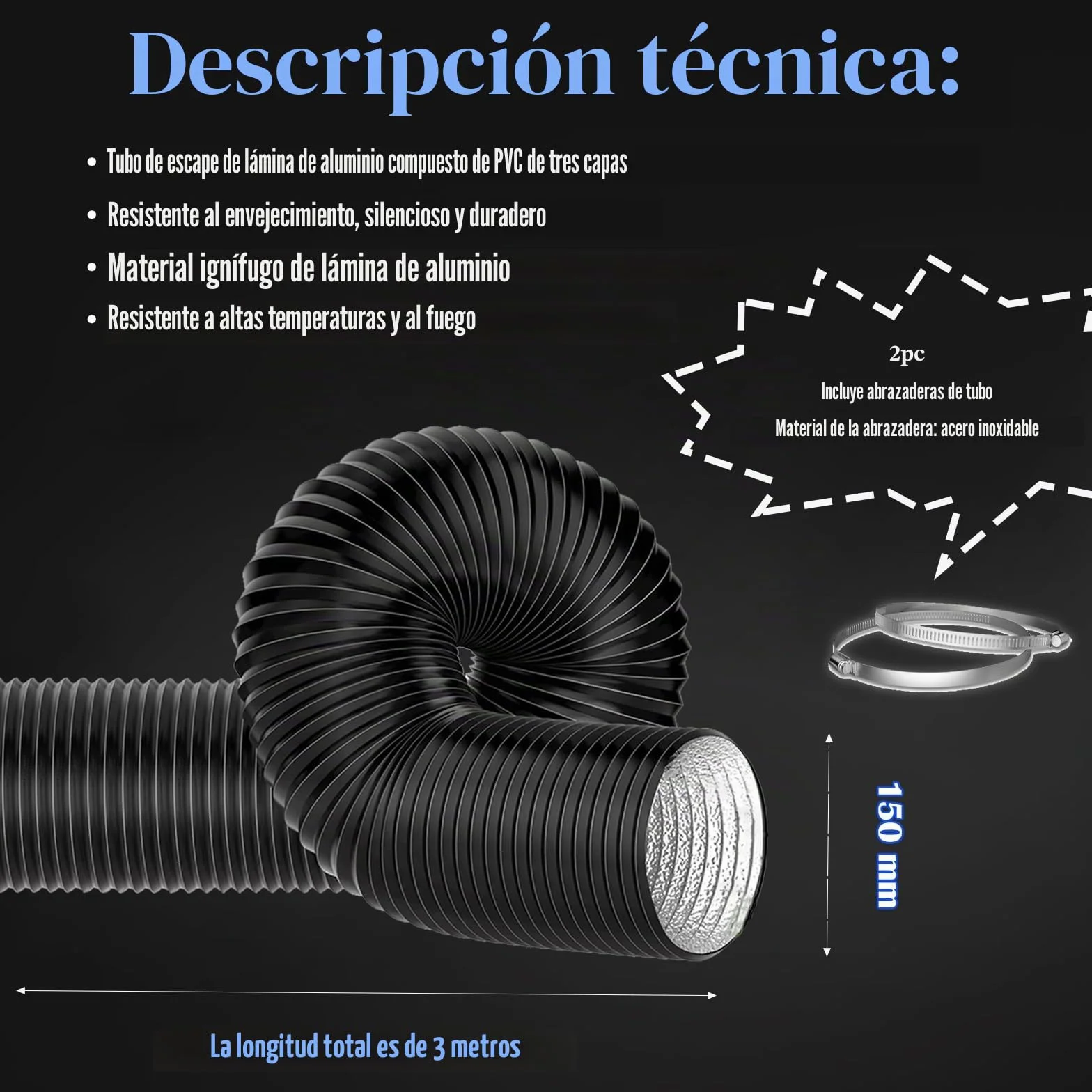 Tubo Aire Acondicionado Portatil, Flexible Manguera Ventilación 150 mm, 300 cm Manguera Escape Aluminio, PVC Conductos Ventilación para Extractores, Climatizadores, Secadoras, Campanas, Negro