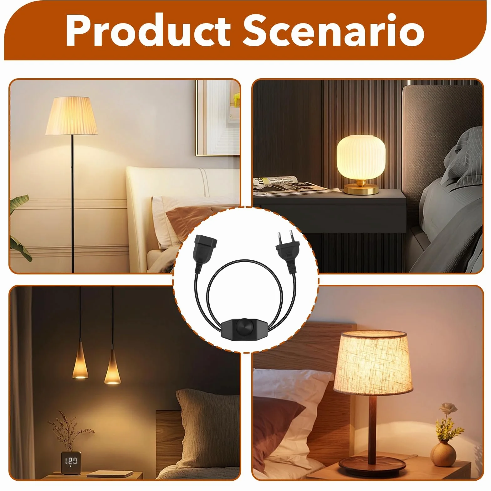 Regulador LED con Interruptor Rotativo, Cable 1M Negro 220-250V 100W Máx, Dimmer Silencioso con Enchufe Europeo para Lámparas y Bombillas LED Regulables, Extensión de Cable Ajustable