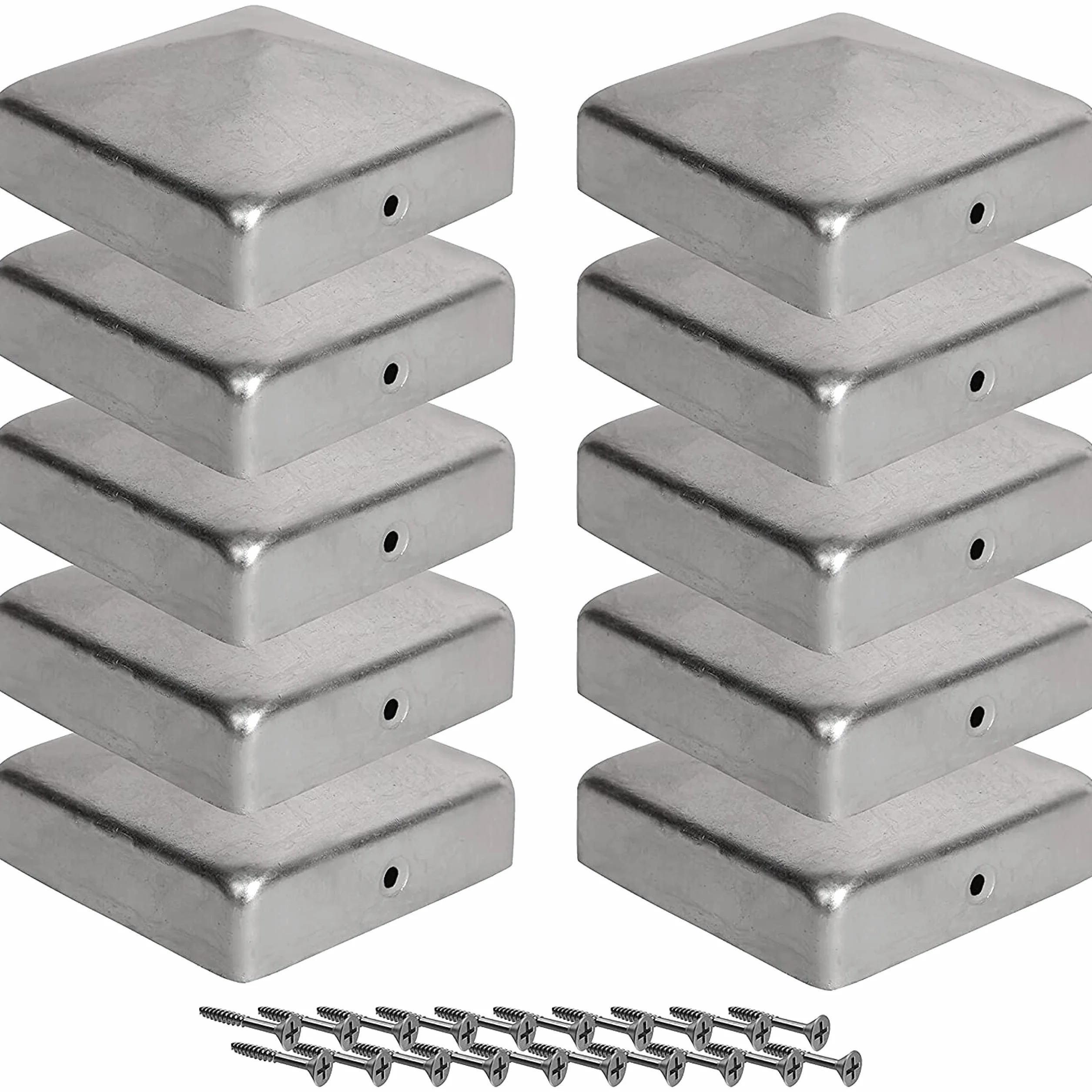 10 tapas para postes de valla (70 x 70 mm) | acero galvanizado | forma pirámide | tapa para postes de madera | acero galvanizado | forma pirámide | tapa para postes de madera con tornillos VIIRKUJA