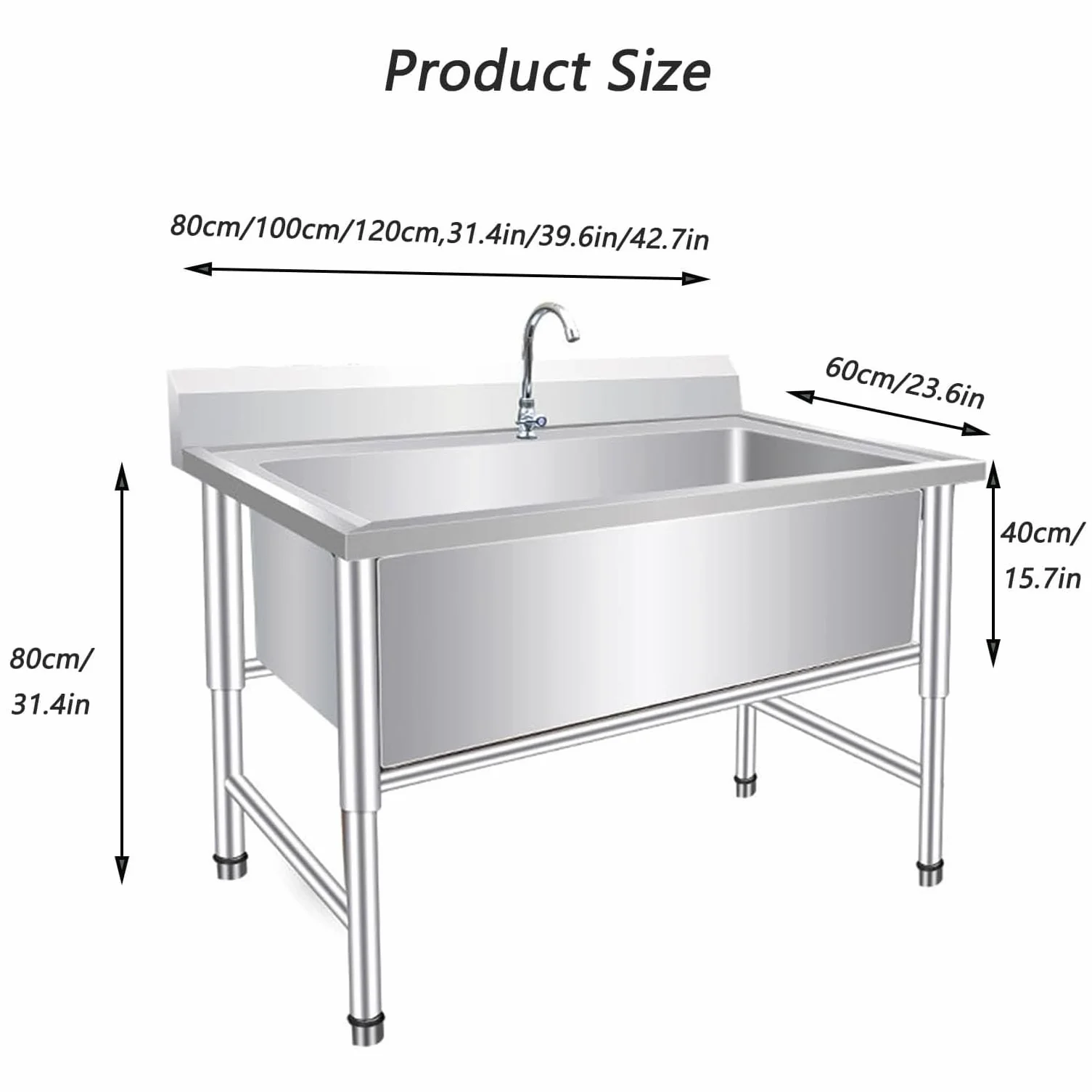 Servicio de Acero Inoxidable Juego de Fregadero de Cocina Comercial de un Solo tazón Independiente con Grifo for Restaurante, Taller de Garaje Lavandería Industrial (60x80x80cm/23.6x31.4x31.4in)
