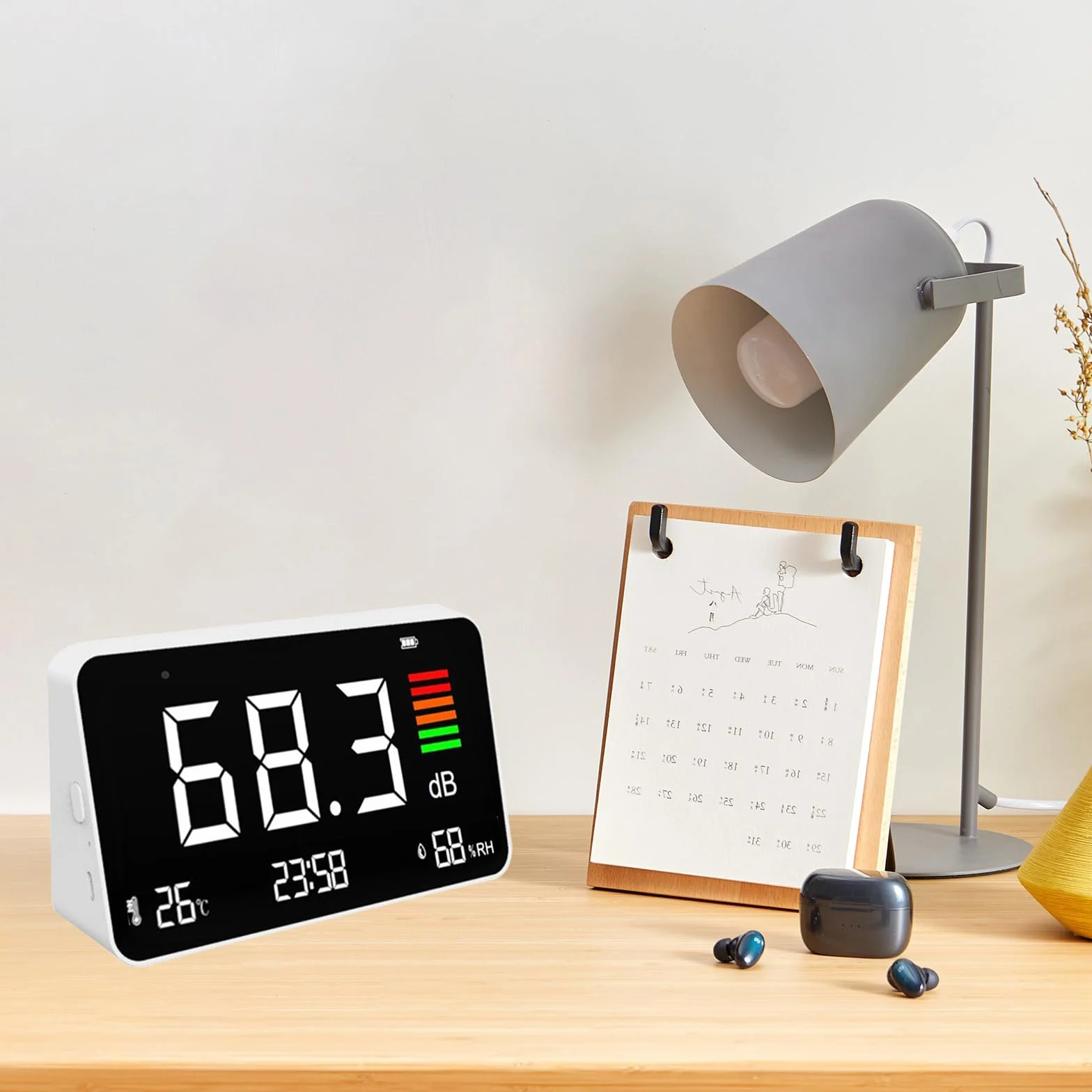 Sonometro, Medidor de Decibelios con Pantalla LCD, Reloj Detección de Temperatura y Medidor de Humedad, Medidor de Nivel de Sonido Digital de 30 a 130 dB para Casa, Escuela, Hospital