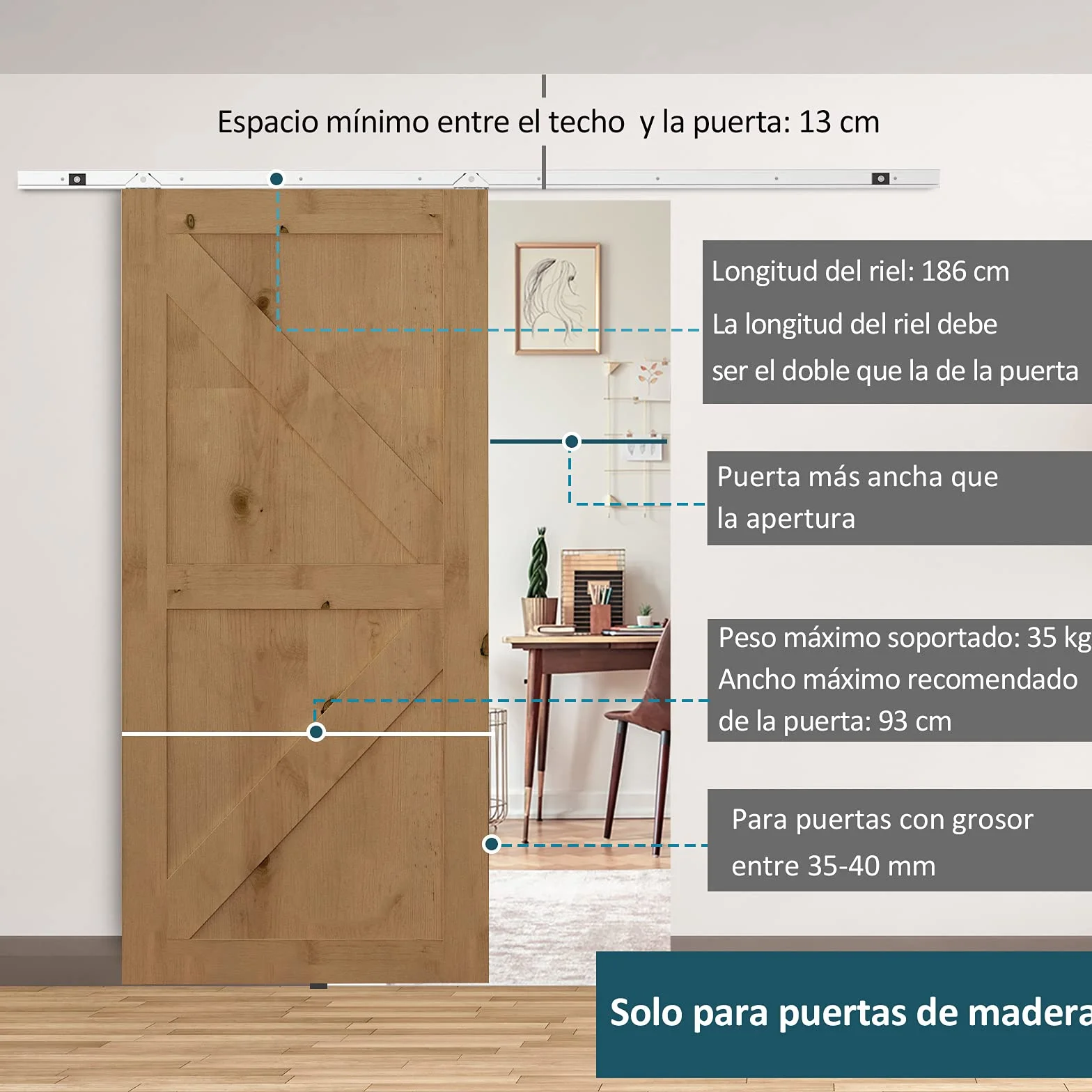 HOMCOM Herraje para Puerta Corredera 186 cm Kit de Accesorios para Puerta Corrediza de Madera con Riel de Metal y 2 Poleas Plateado