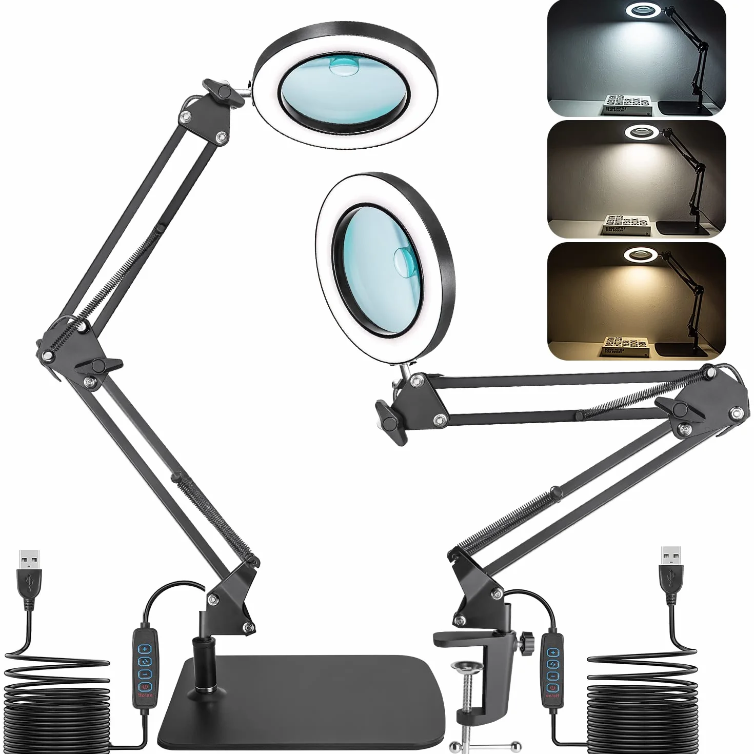 2 en 1 Lupa con Luz y Soporte, 15X 10X Lámpara de Aumento, Lámpara de Trabajo con Pinza y Modo de 3 Colores, 72 Luces LED, Lupa de Escritorio para Lectura, Reparación, Trabajo Manual